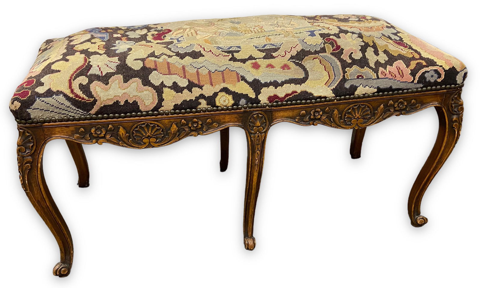 Carved French Bench with Needlepoint Upholstery. (1 of 3)