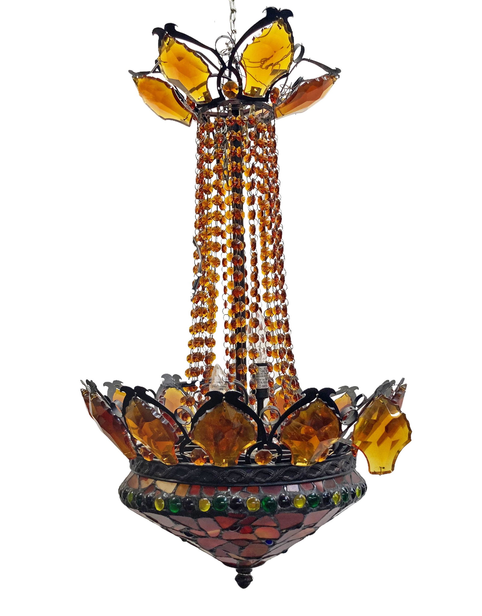 Contemporary Leaded-Type Chandelier w/Amber Beads.: A Beautiful Decorative Light Fixture, measuring approximately 29" Long and 16" in Diameter. Third-Party Shipping or Personal Pickup Required.
