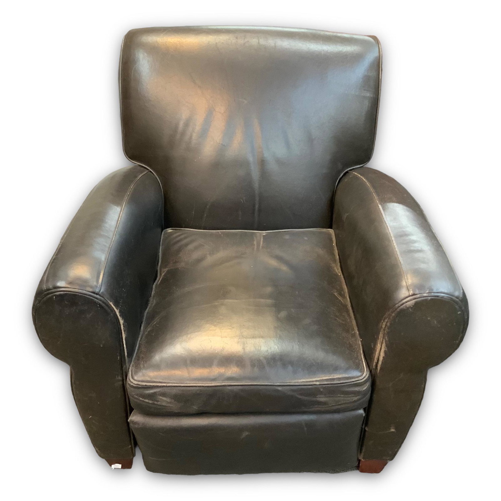 Barca Leather Lounger / Recliner, AS IS.: It has bruised leather with very even wear. It measures 34" tall, 32" long, and 34 1/2" wide. Third-Party Freight Shipping or Personal Pick-Up Required.