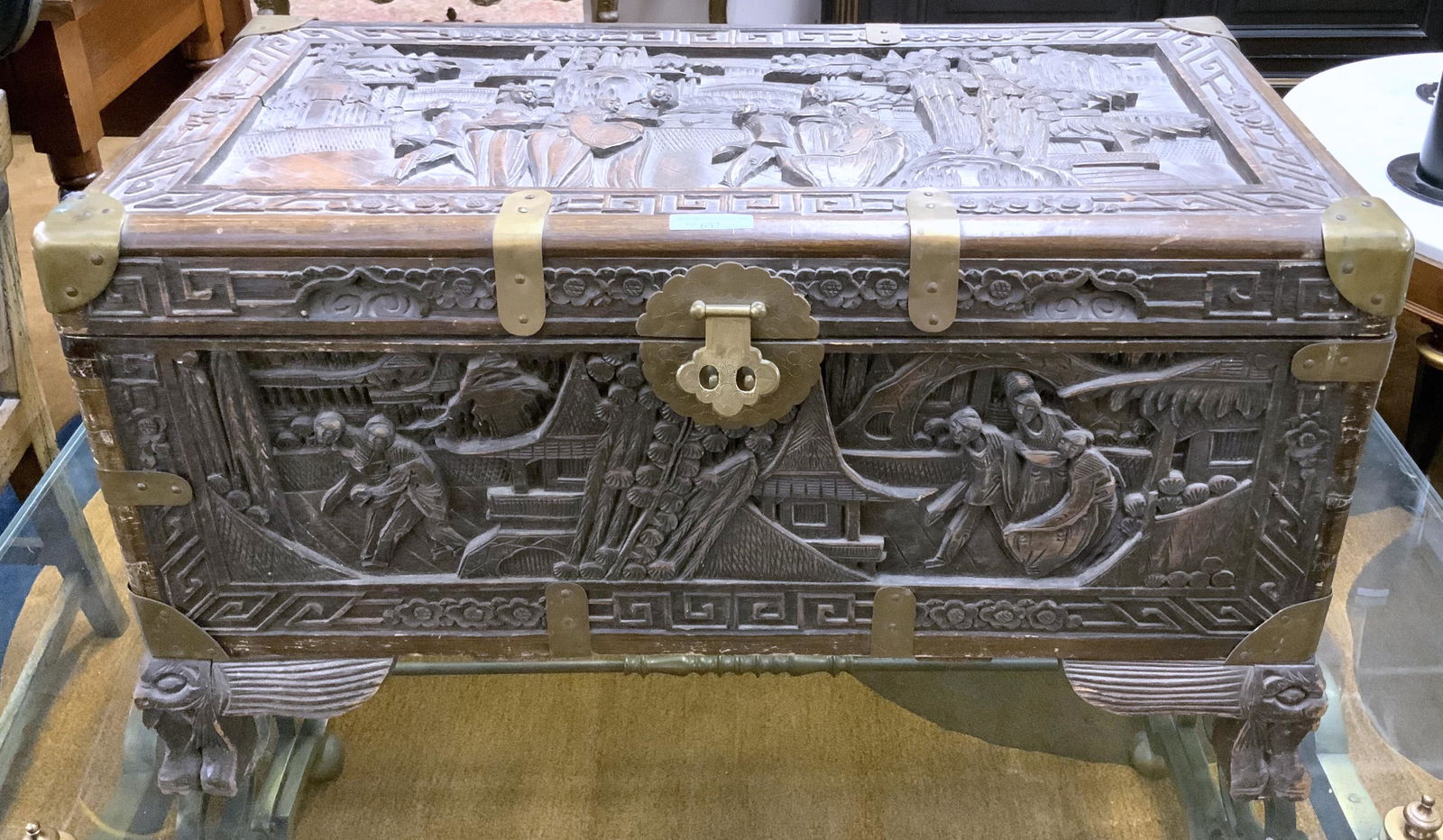 Carved Chinese Camphor Chest with Tray. (1 of 5)