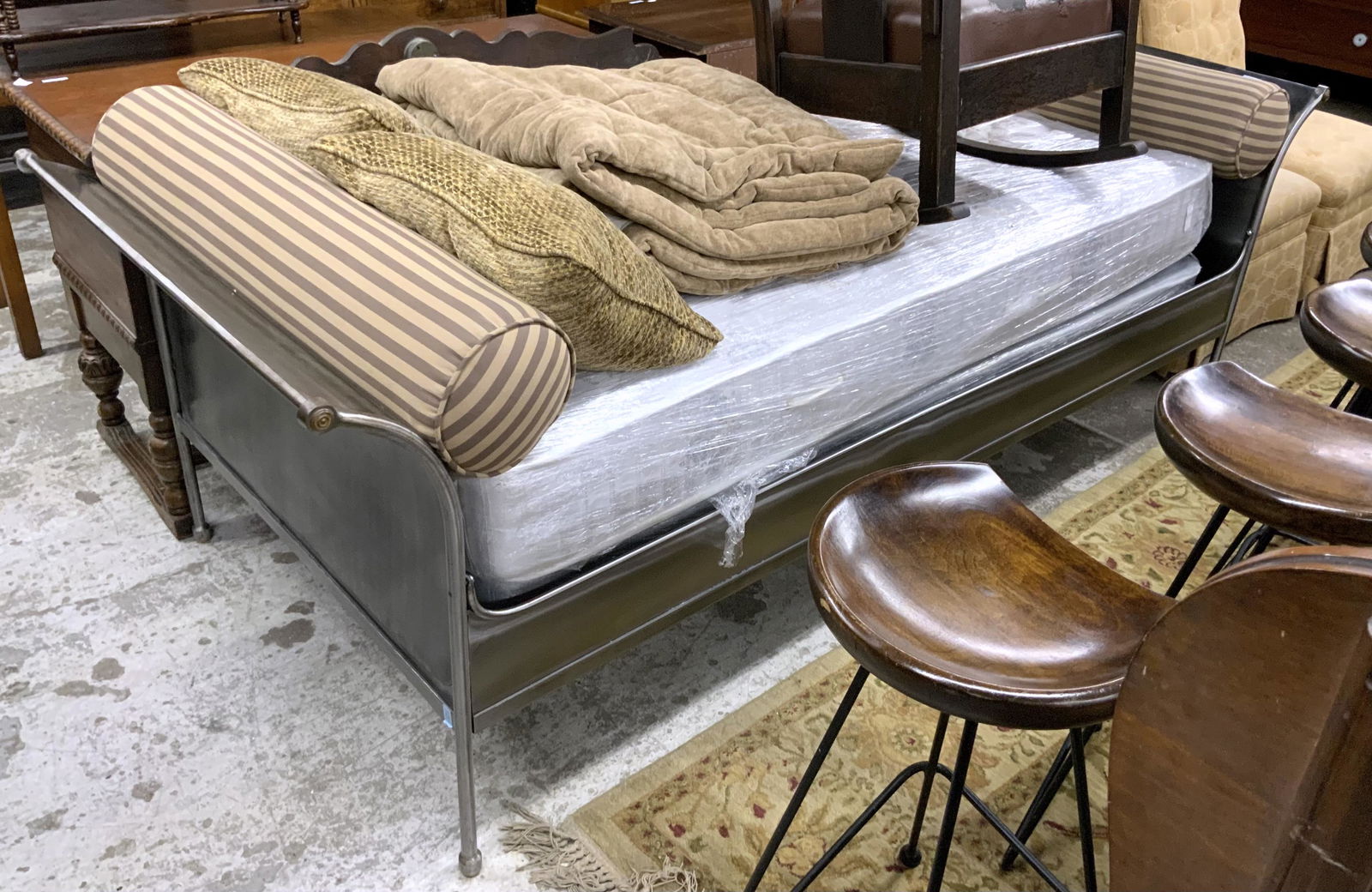 Brushed Steel Sleigh-Style Day Bed w/ Bolsters. (1 of 1)