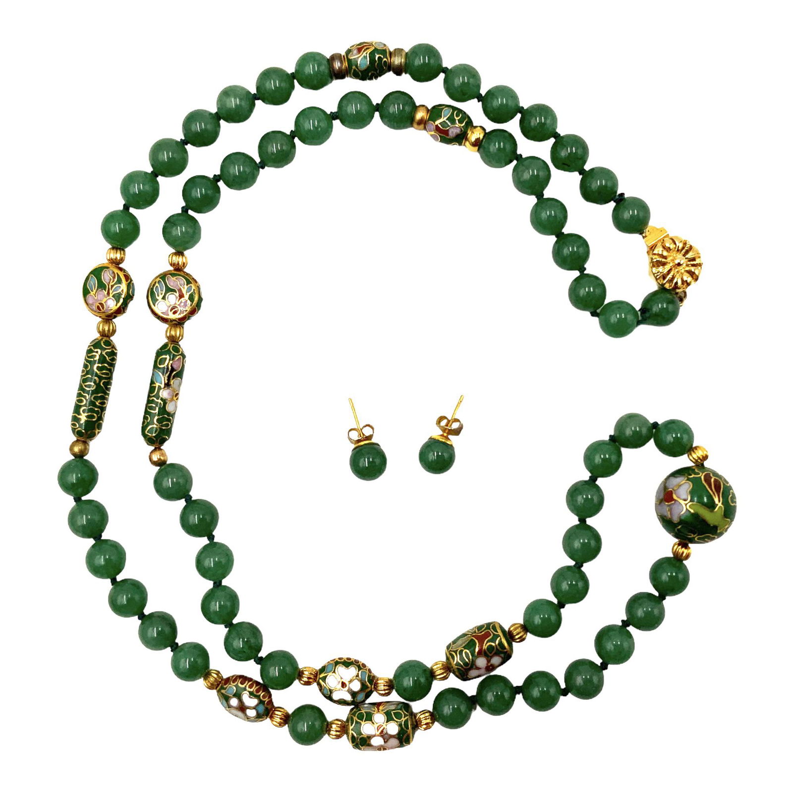 Jade Bead & Cloisonne Necklace & Earrings Set. (1 of 1)