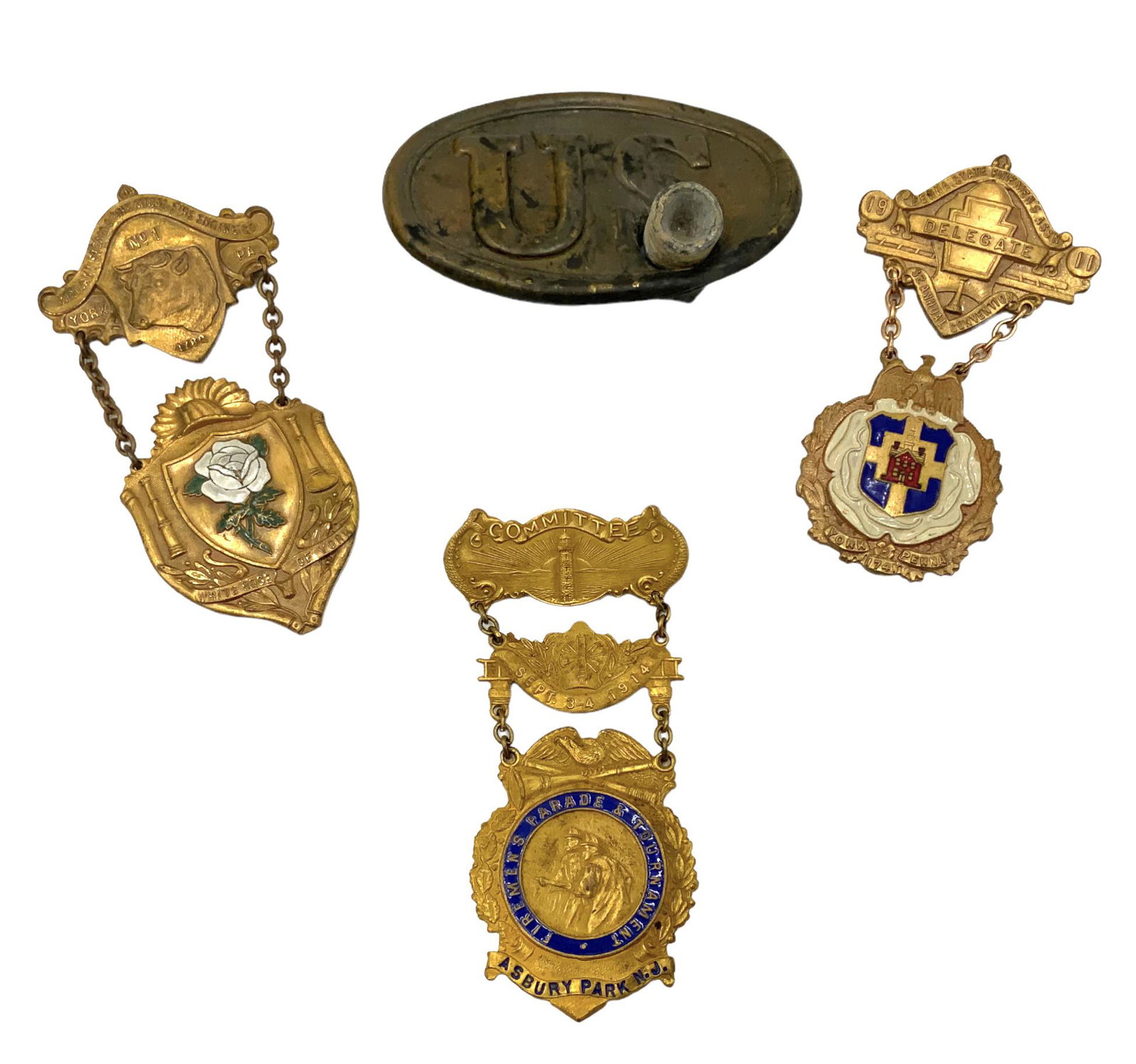 Lot: Firemen's Medals, Belt Buckle w/ Bullet. (1 of 3)