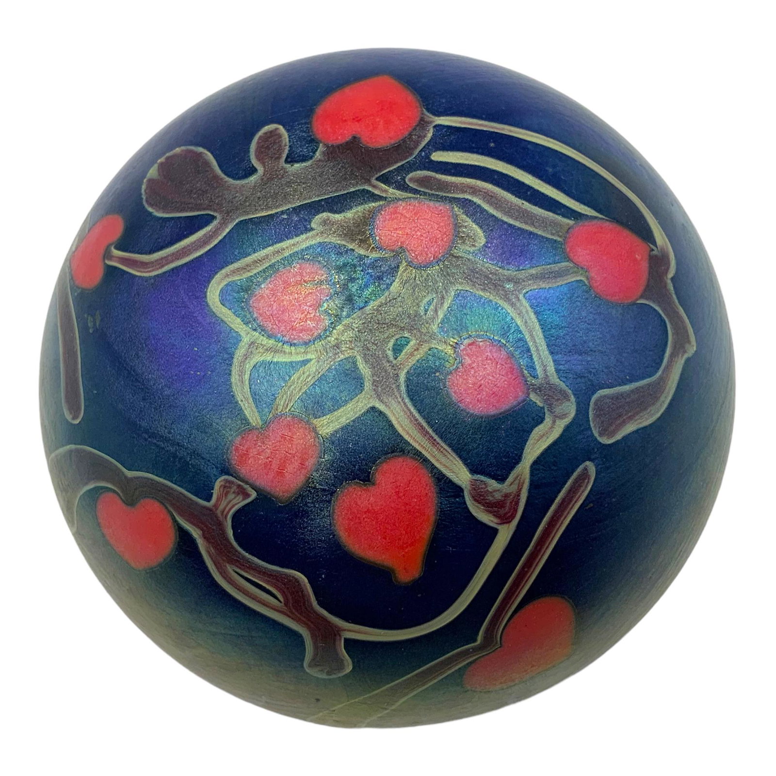 Early Lundberg Iridescent Art Glass Paperweight.: (Note: This Paperweight is shot from a Top-Down View.) This paperweight is signed "Lundberg 12/73" on the bottom, and it depicts leaf-covered branches. There is some very minor scratching on its under