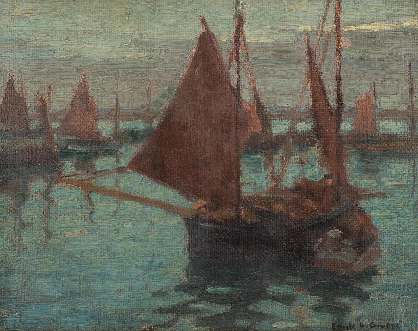 Painting of Boats in Harbor Signed Emile A Gruppe. (1 of 6)