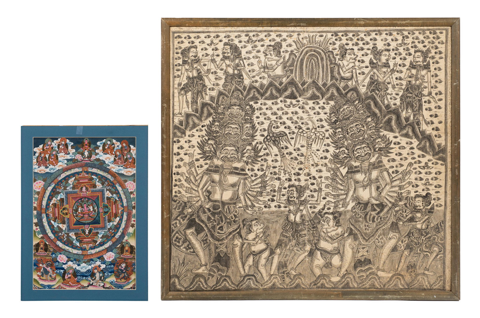 Tibetan Thangka Painting & Malaysian Painting.: Two works of Asian art. The Larger Malaysian piece measures 31 1/2" x 33 1/2". Its Frame measures 33 3/4" x 36". Third-party shipping or personal pickup required.