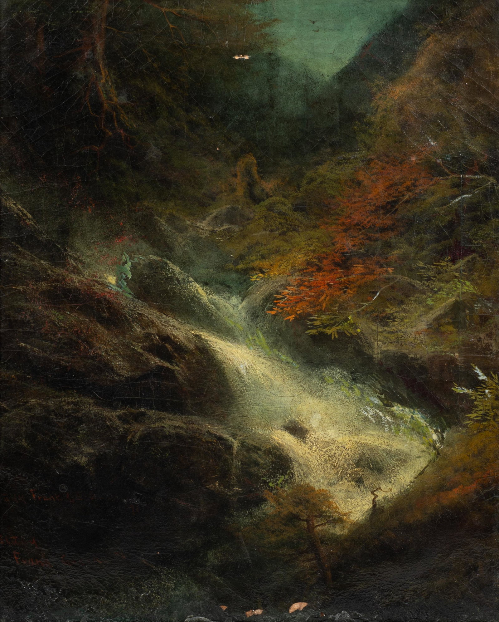 Frank Russell Green Painting of Babbling Brook.: An old Oil painting on canvas by Frank Russel Green of a babbling brook. The Painting is signed lower left. The Work has craquelure throughout, chipping along the lower edge, a small tear with chips i