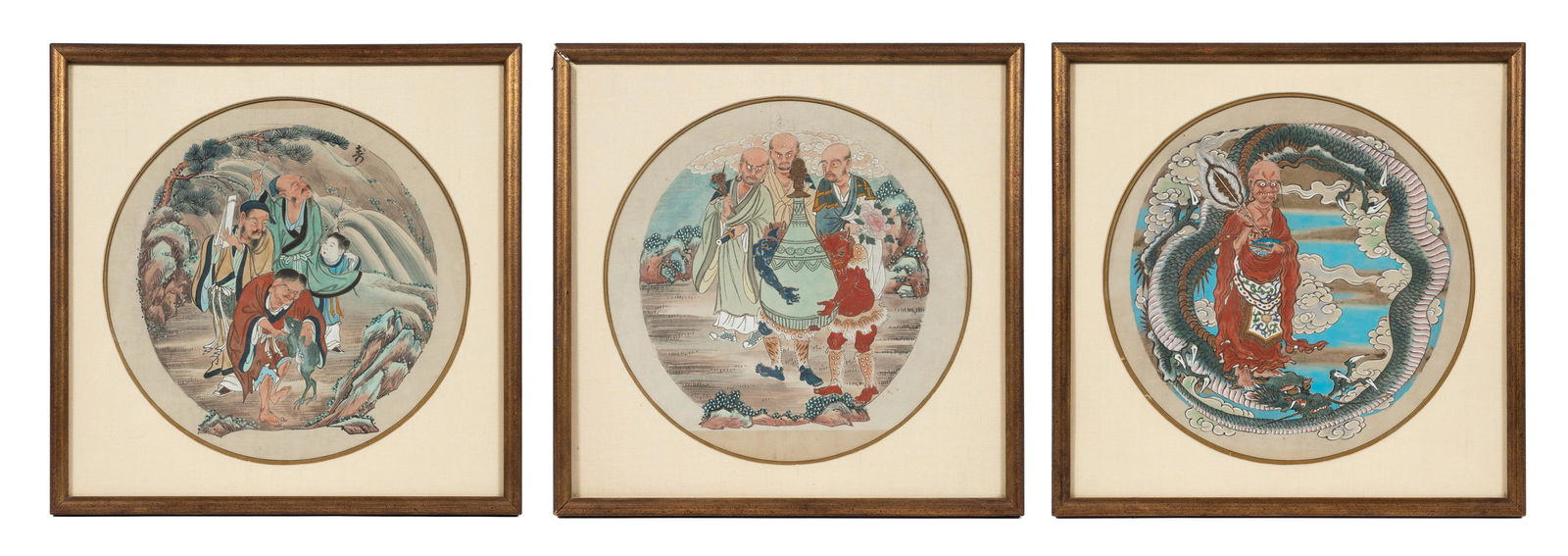 Lot of Three Round Asian Watercolor Paintings. (1 of 7)