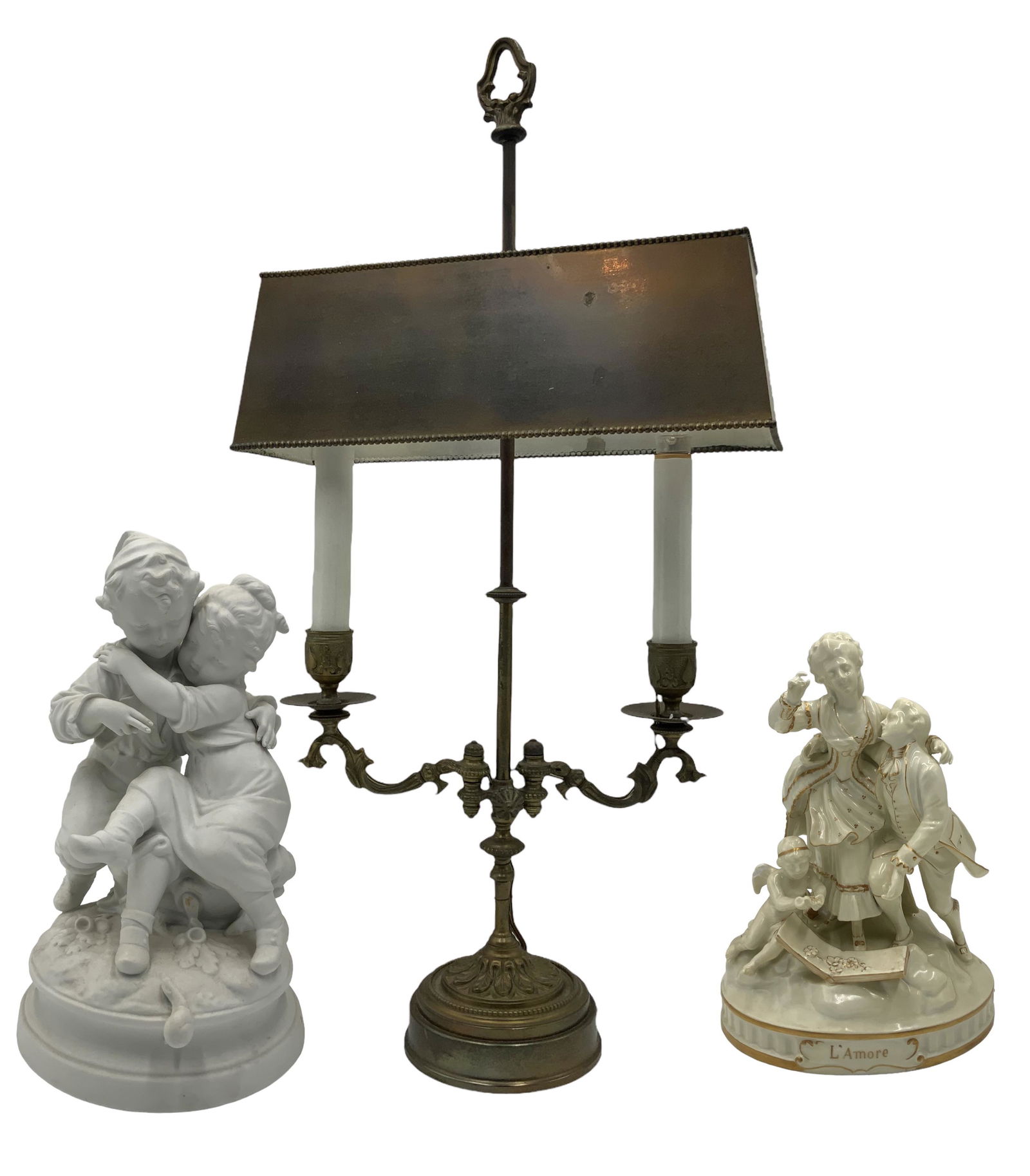 Lot: 3 Pcs.- Lamp, Porcelain Figural Groups. (1 of 2)