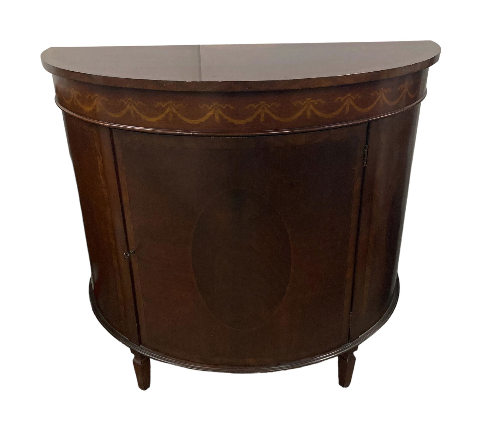Inlaid Half-Round Mahogany Side Cabinet. (1 of 3)