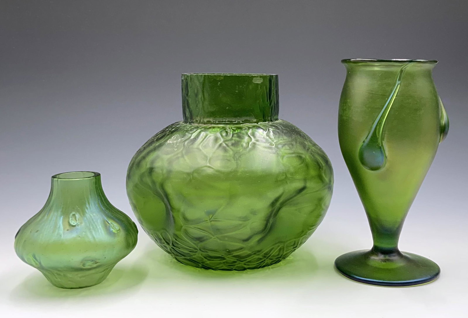 Lot of 3 Green Art Glass Vases, Possibly Loetz. (1 of 3)