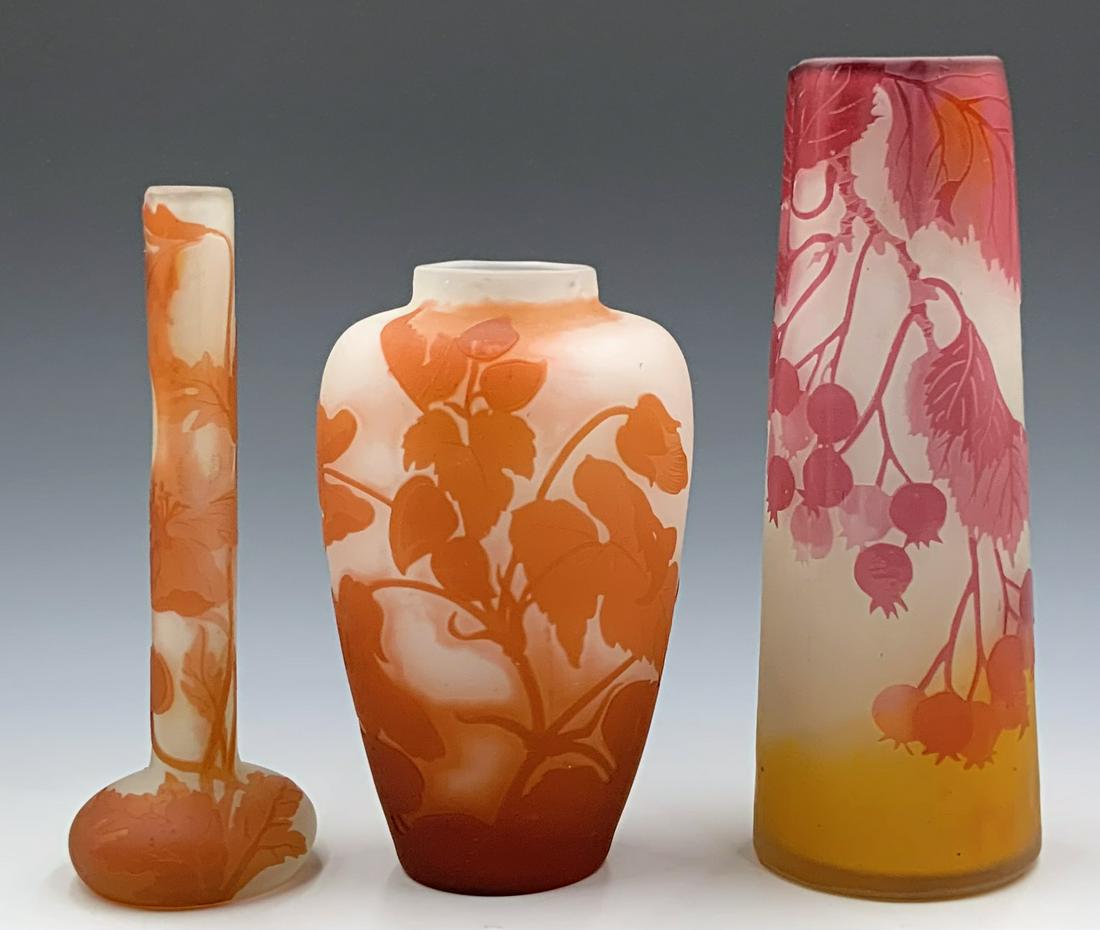 Lot of 3 Cameo Glass Vases, Signed Galle. (1 of 4)