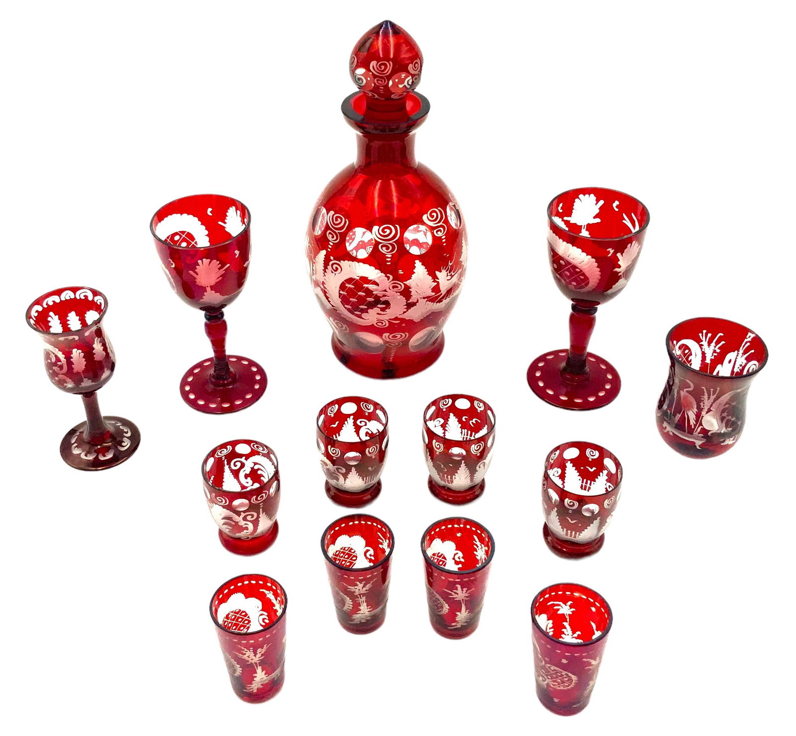 Antique Bohemian Ruby Glass Decanter & Glasses. (1 of 2)