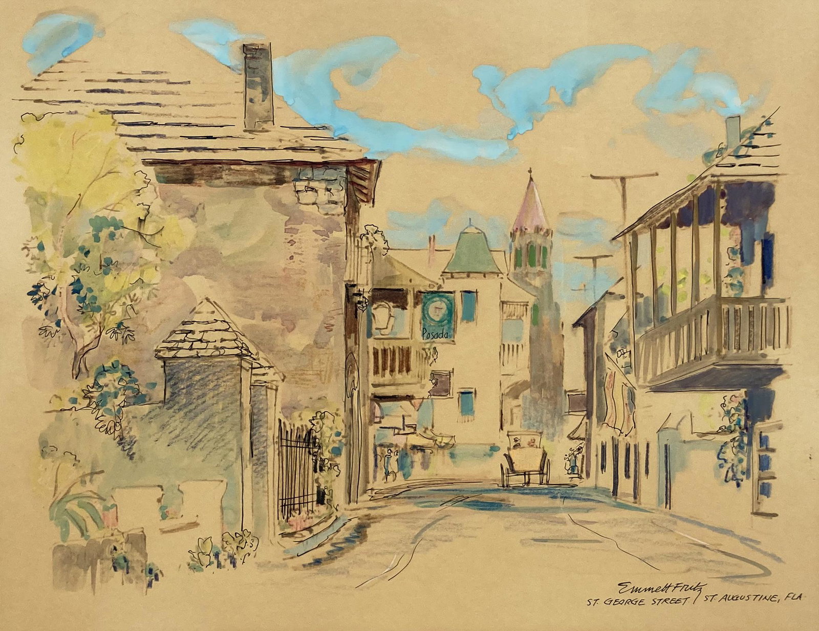 Gouache & Ink Drawing Signed Emmett Fritz. (1 of 5)