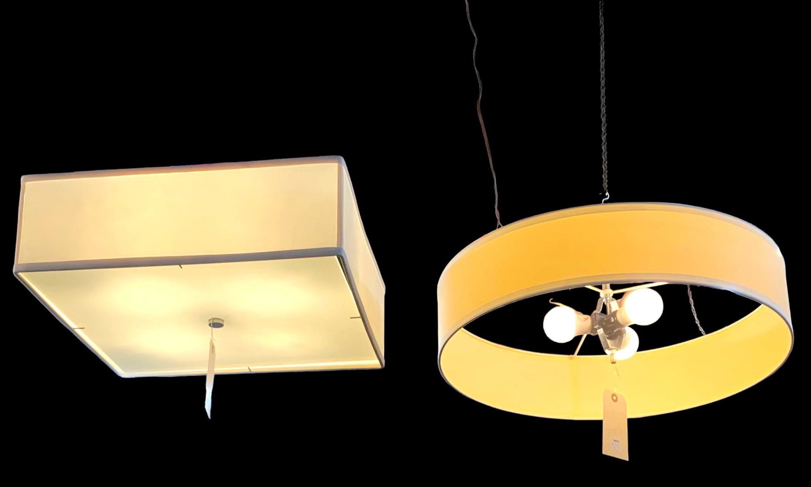 Lot of Two Newer Light Fixtures - Square & Round.: The Square Fixture measures 19" x 19" x 6". The Round Fixture / Shade measures 24" in Diameter. Third-Party Shipping or Personal Pickup Required.