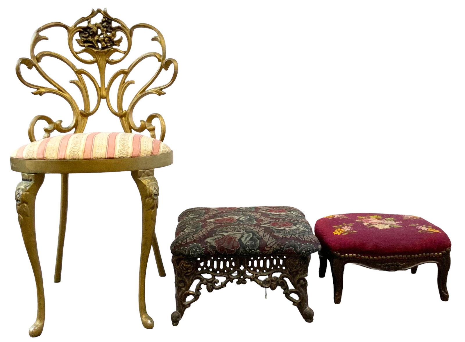 3 pc. Lot - Cast Metal Chair and Two Footstools. (1 of 1)
