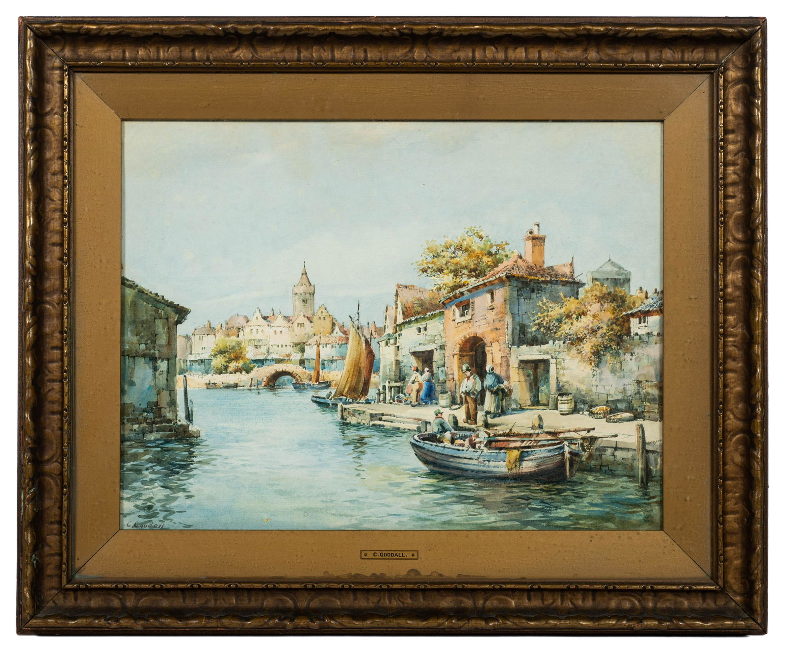George Goodall Watercolor of Boats in a Canal City (1 of 6)