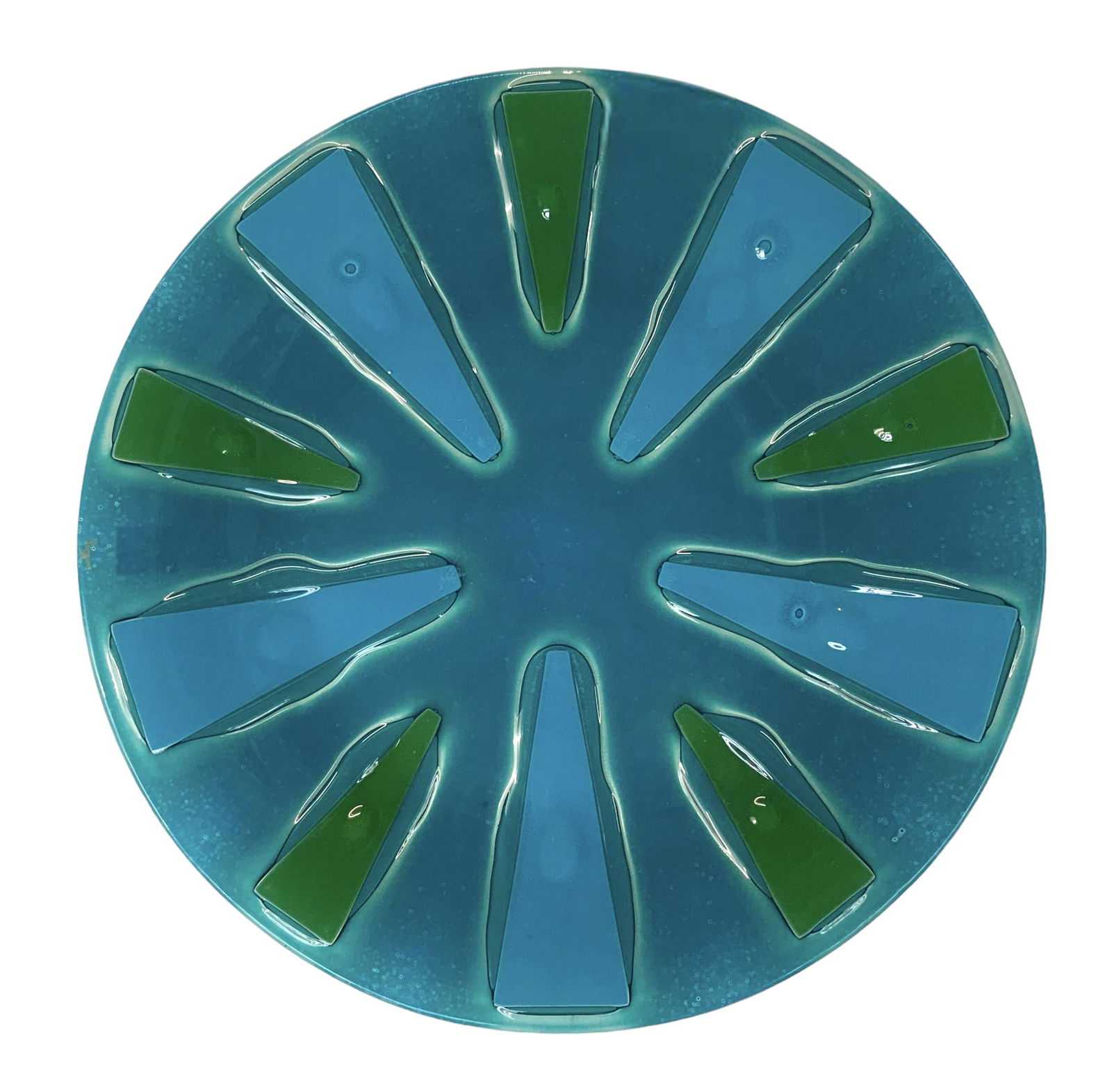 17" Mid-Century Higgins Glass Tray.: The tray is Signed in gold along the perimeter. It is Blue and green, with a smooth finish on the surface, and a textured surface on the Underside. There are some deep Scratches in the center. Third-P