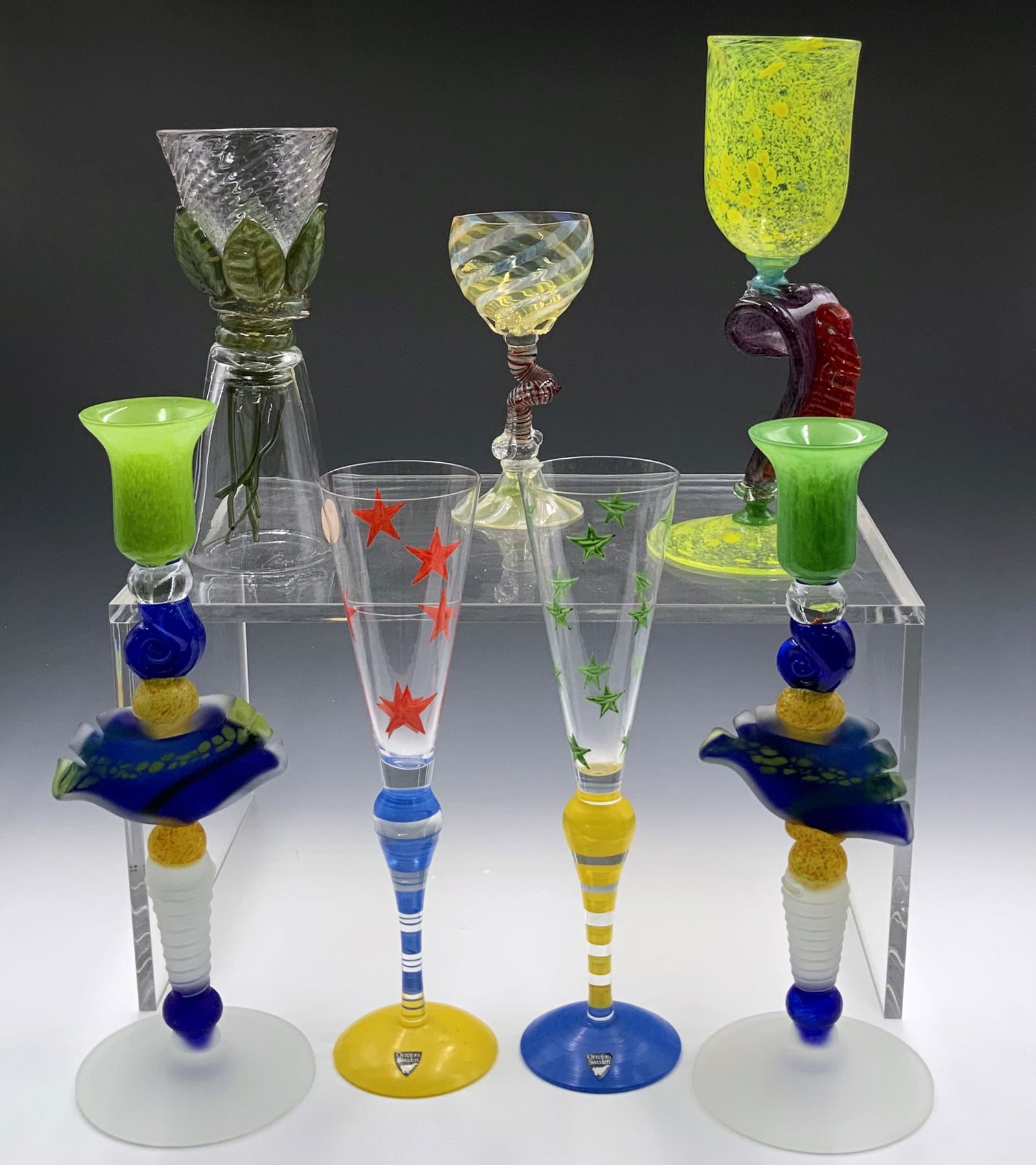 Lot of 7 Art Glass Goblets and Candlesticks. (1 of 2)