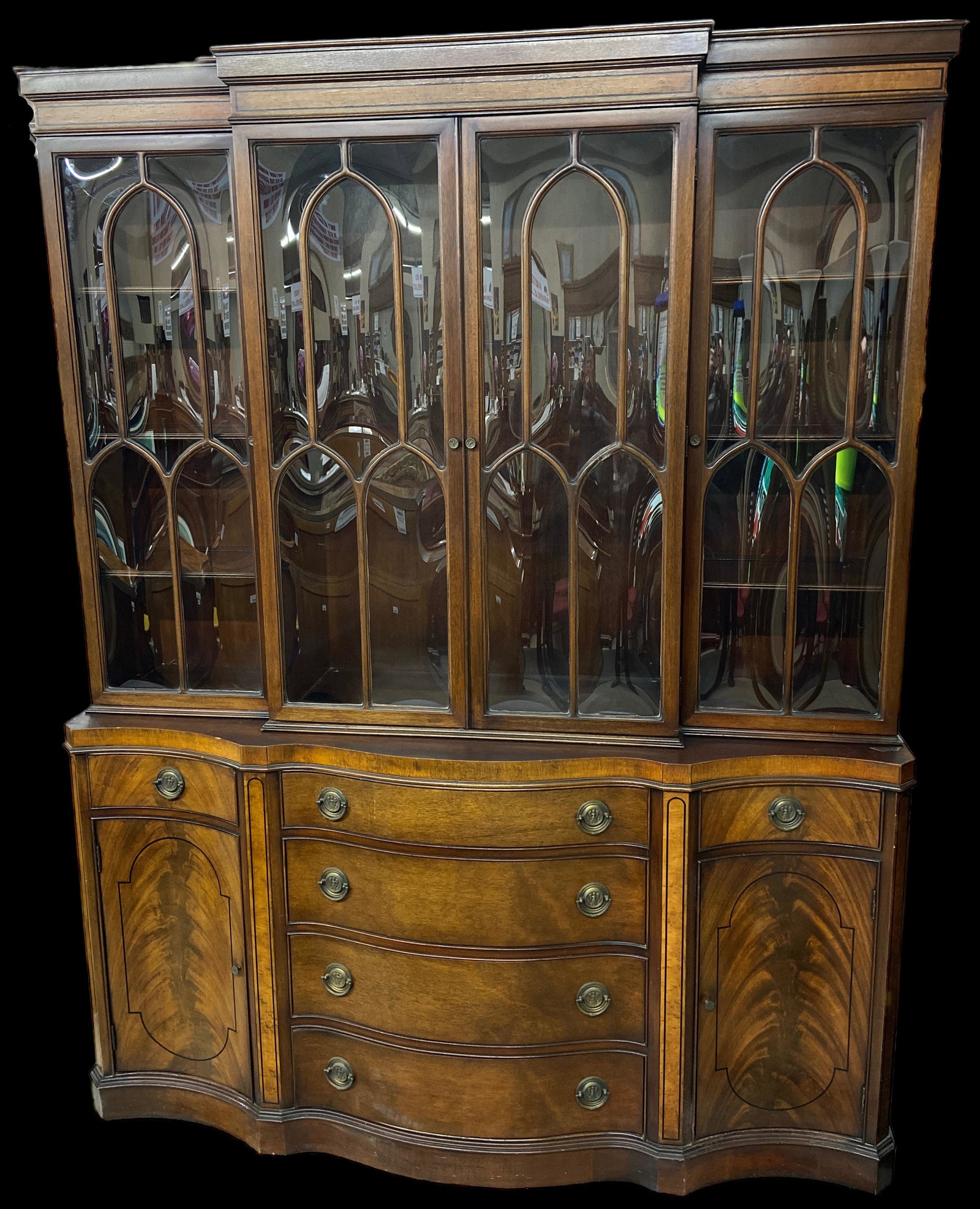 Flame Wood Bubble-Glass Breakfront.: The Breakfront has some Damage along the Top Edge (See Photo). Otherwise, it is in Very Good Overall Condition. It measures 66" Wide, 86" High, and 16" Deep. Third-Party Freight Shipping or Personal P