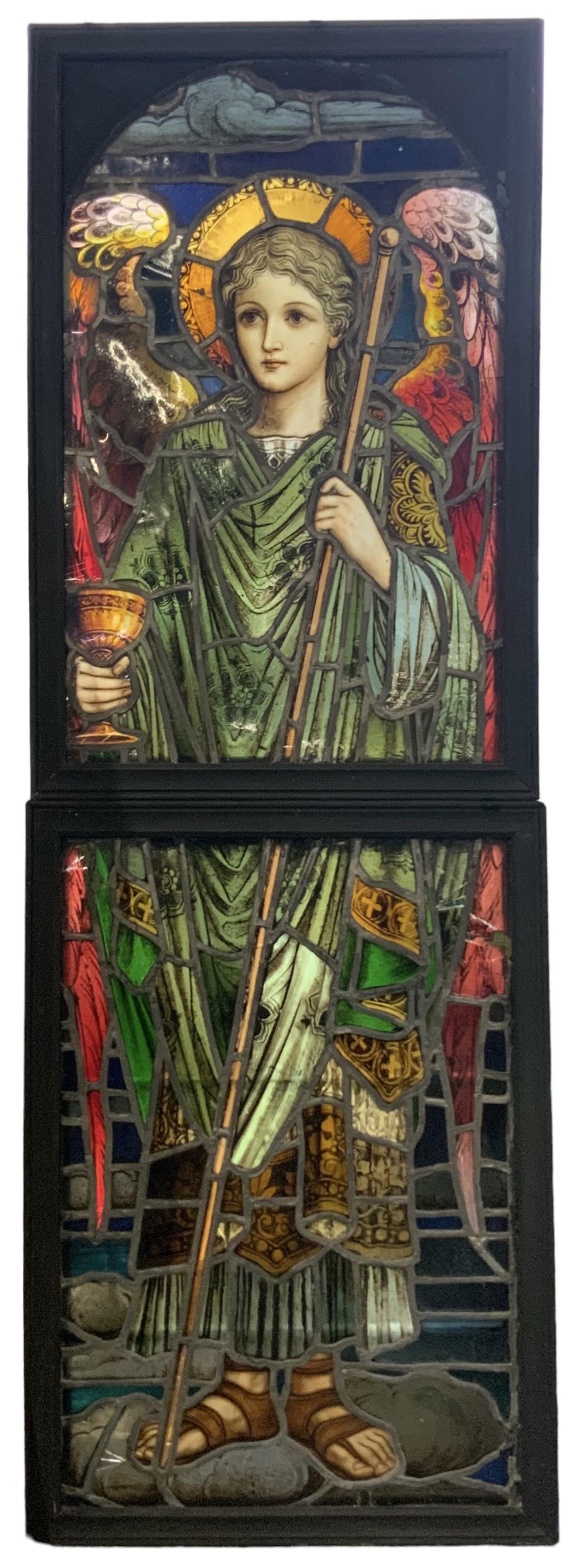 Painted Stained Glass Window of Saint w/ Chalice. (1 of 3)