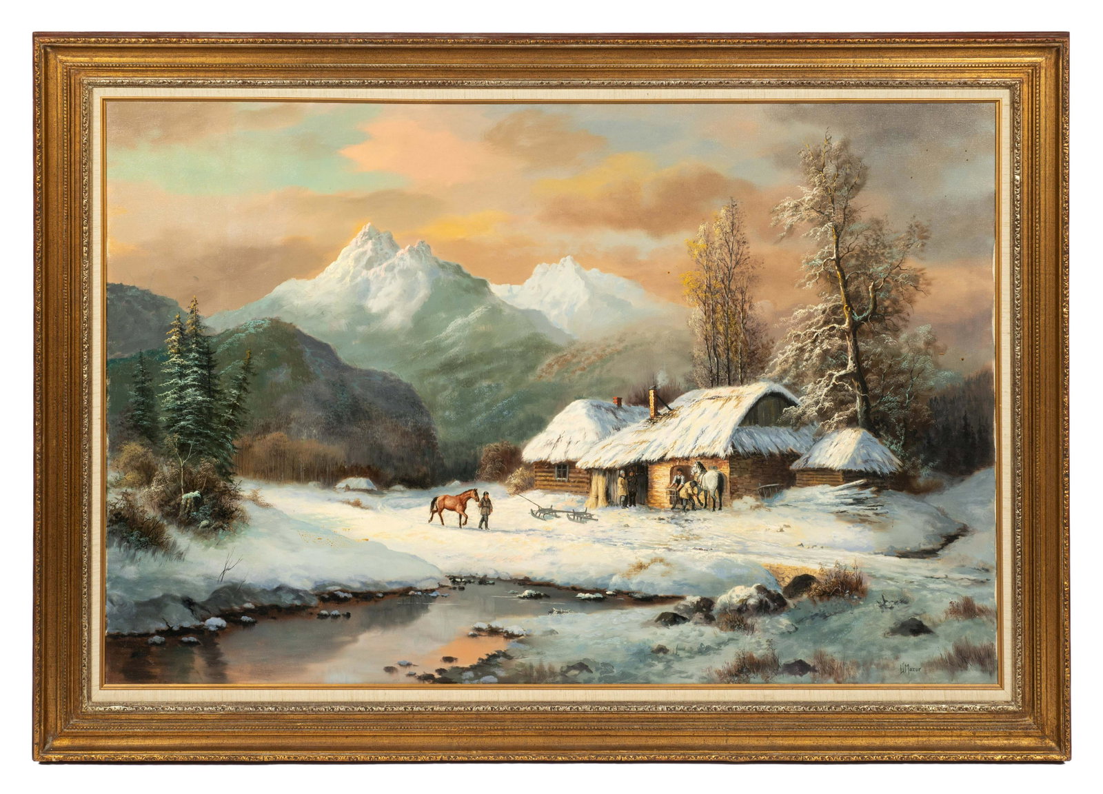 Very Large Oil Painting, Landscape by Victor Mazur: An Oil painting on canvas depicting a landscape with a thatched hut, mountains and horses. The Painting is in very good condtion. It has a few splatters on it. There is an Unpainted edge just visible 