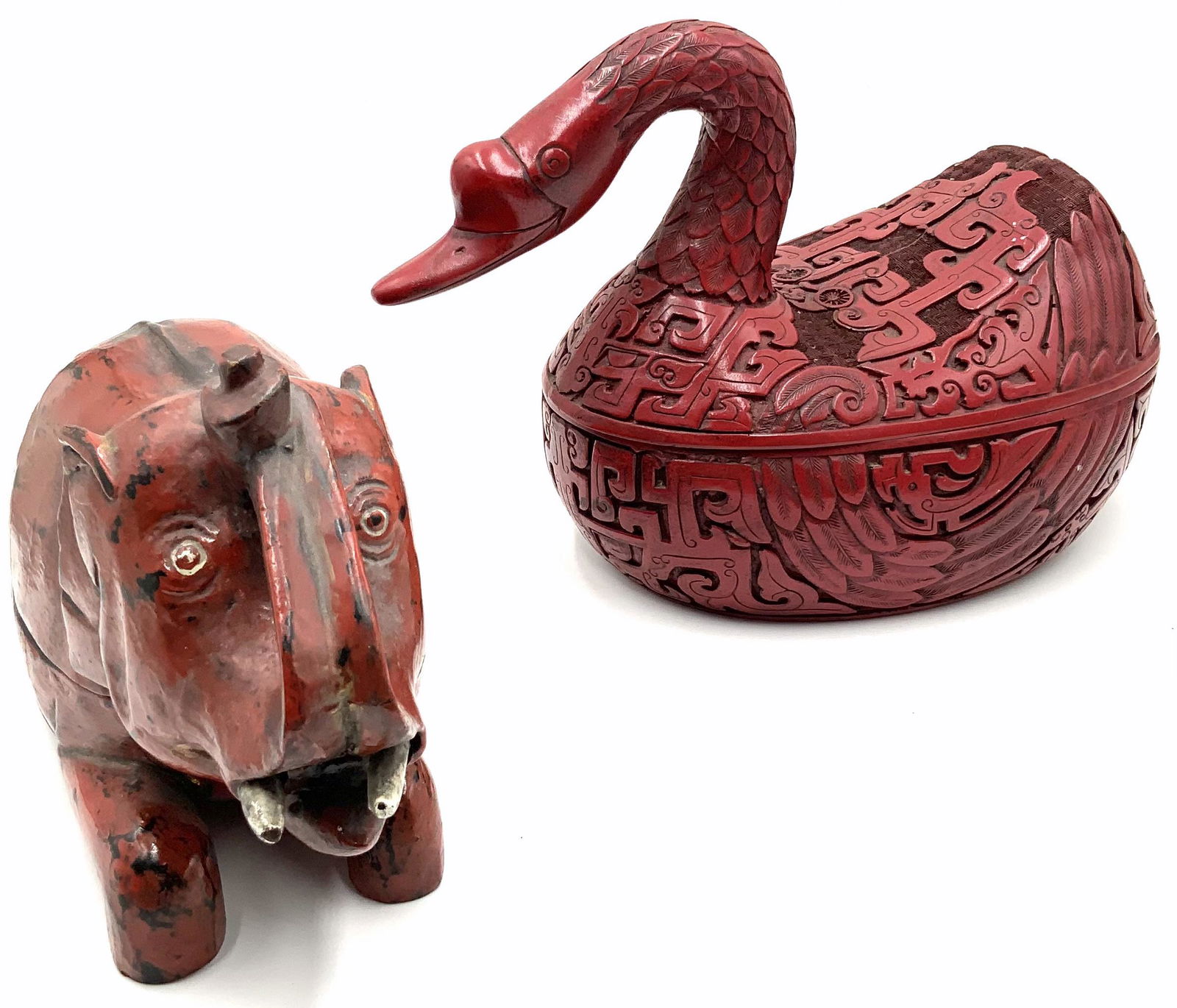 Lot of 2 Large Red Asian Animal Figural Boxes. (1 of 3)