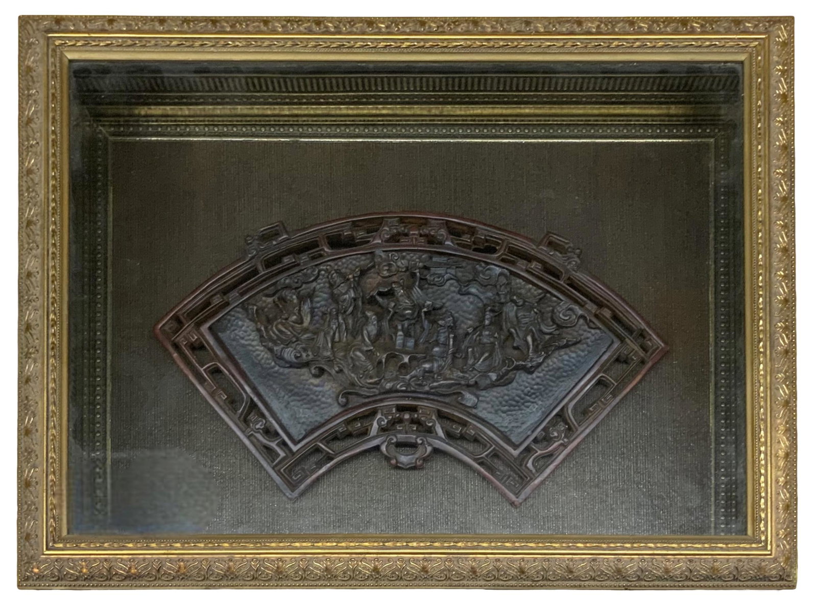 Soapstone Carving of the Immortals in Shadowbox.: According to the Label on the Back, the Carving is made of Soapstone. The Piece also bears a label on the Back from John Richard in Greenwood, Mississippi. The Chinese Carving measures 15" Wide by 8" 
