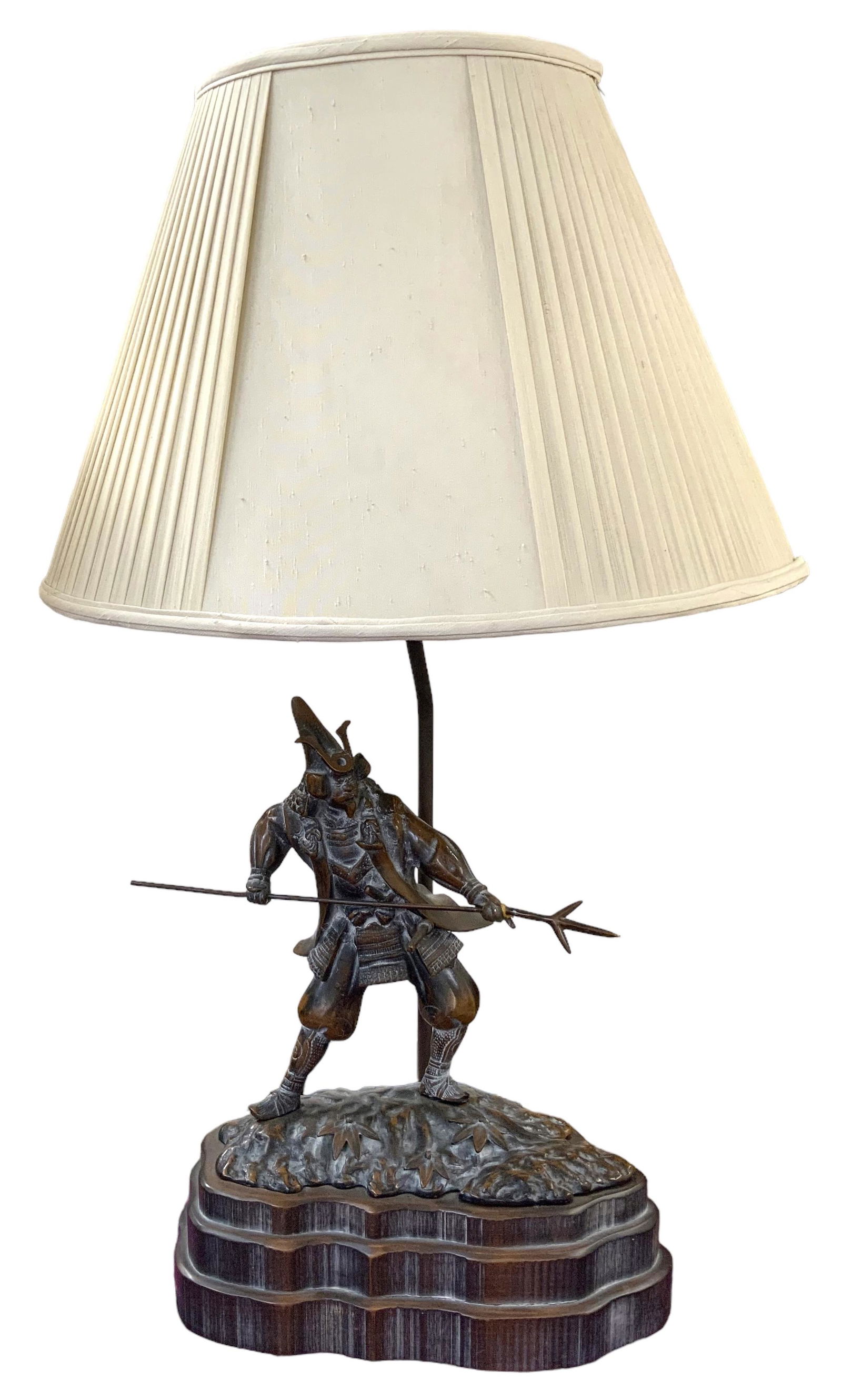 Frederick Cooper Lamp w/Bronze? of Asian Warrior.: The Man is Carrying something that looks like a Pike. The Lamp is Very Heavy. It measures 37" Tall to the Top of the Finial. Third-Party Shipping or Personal Pickup is Required.