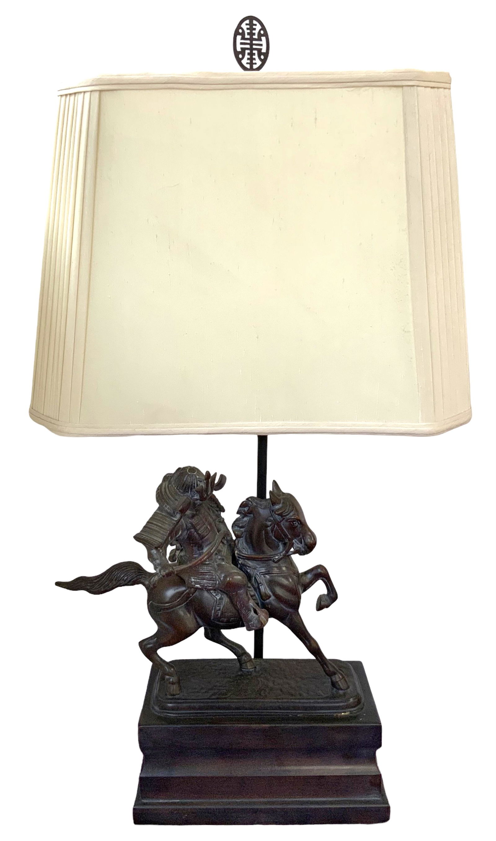 Frederick Cooper Lamp w/Bronze? of Asian Warrior.: The Man is Riding a Horse, holding a Rope. The Man can Actually be lifted off of the Horse. The Lamp is Very Heavy. It measures 37" Tall to the Top of the Finial. Third-Party Shipping or Personal Pick