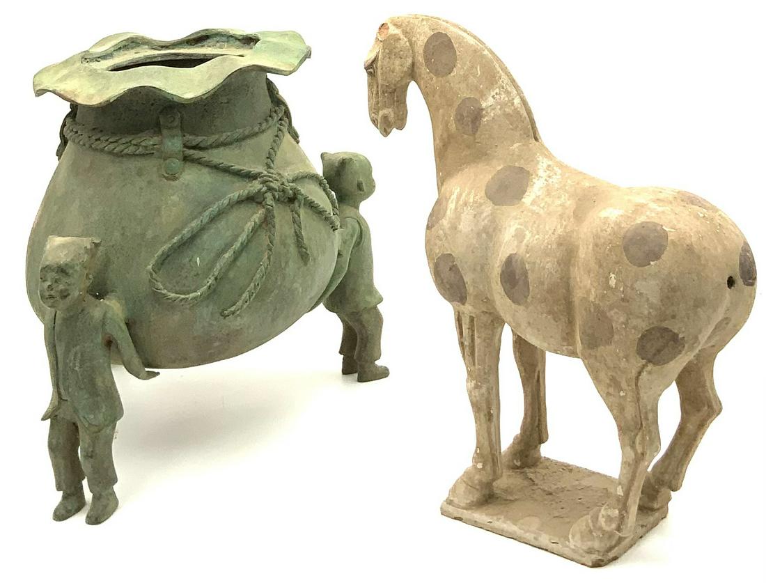 Lot: Asian Bronze Urn w/3 Figures & Clay Horse. (1 of 2)