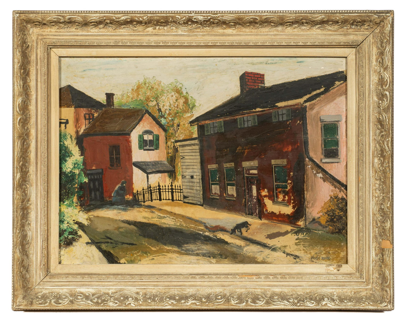 Streetscape OIl Painting Signed Phoebe Moore.: Sterescape painting with buildings and dog. on board. Signed in lower right. Painting is in poor condition with paint chipped and scuffed across much of the surface. Frame has cracking and chipping th
