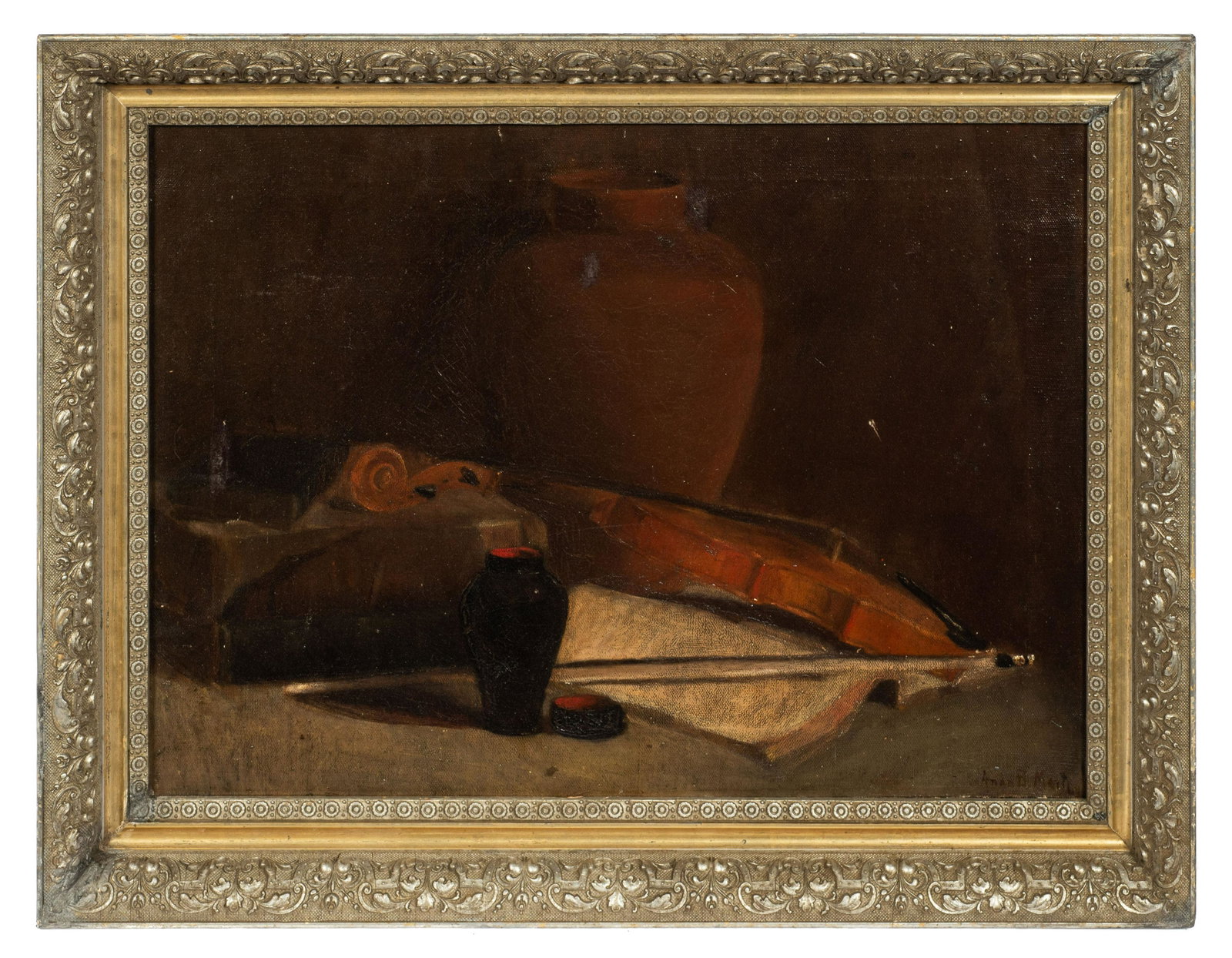 Vintage Still Life with Violin Sgd. Anna Martin.: Still life oil painting oil canvas showing a violin and vase. Work is signed in lower right, "Anna Moore" for Anna B. Moore. Painting is in ok condition with some pin sized chips throughout and some c