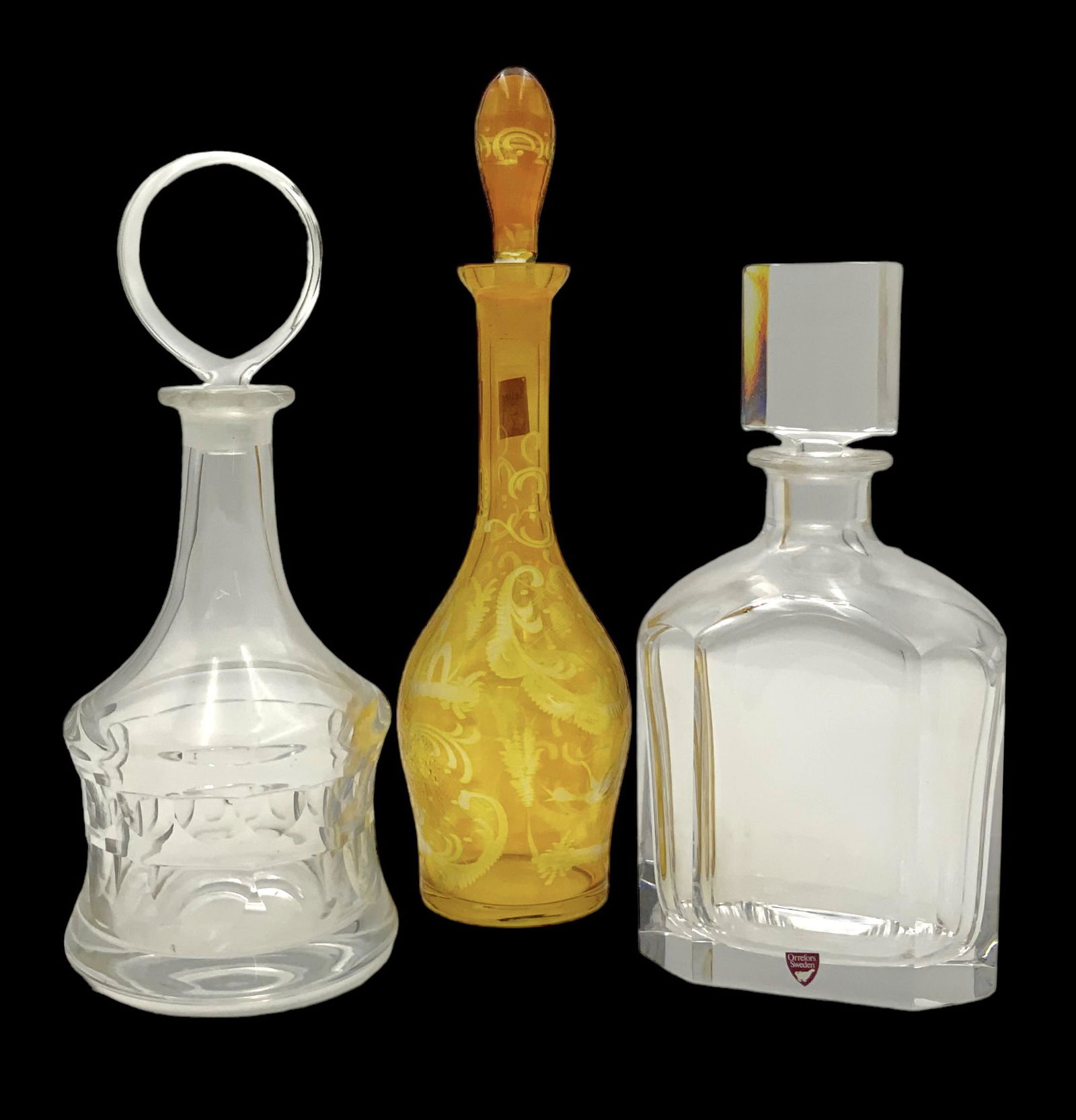 Lot: 3 Glass Decanters: Orrefors & Bohemian Glass. (1 of 1)