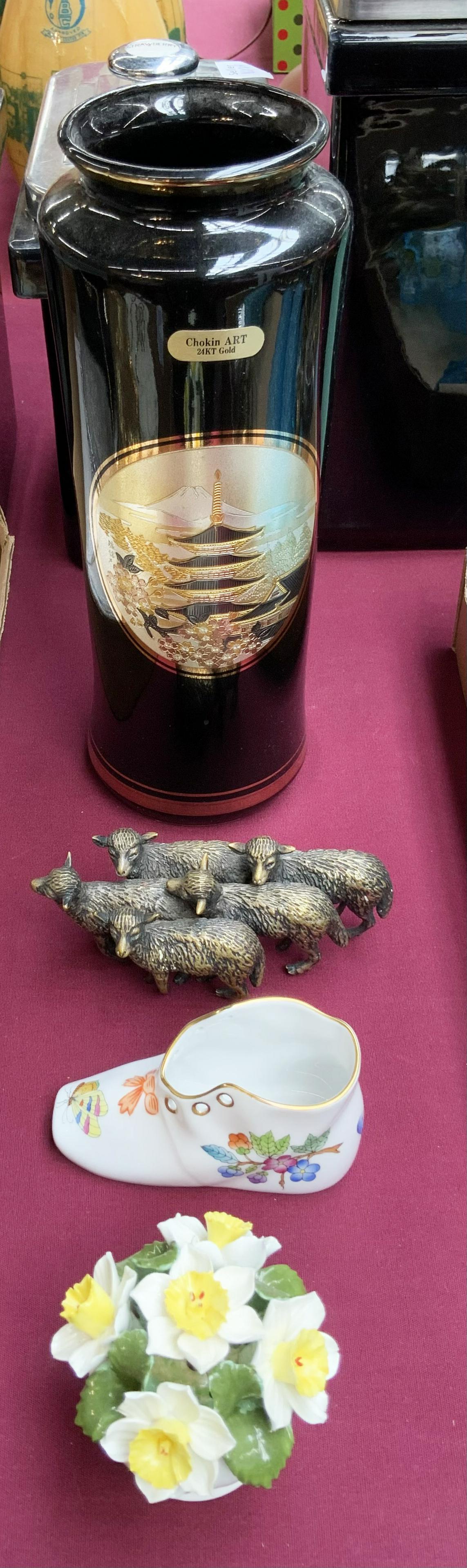 Mixed Lot of Collectible Items.: The Lot includes a small bronze sculpture that is a cluster of 5 sheep, a small Aynsley porcelain flower sculpture of daffodils, a Herend Ceramic Shoe, and a Chokin Gold-on-Ceramic Vase. The Vase meas