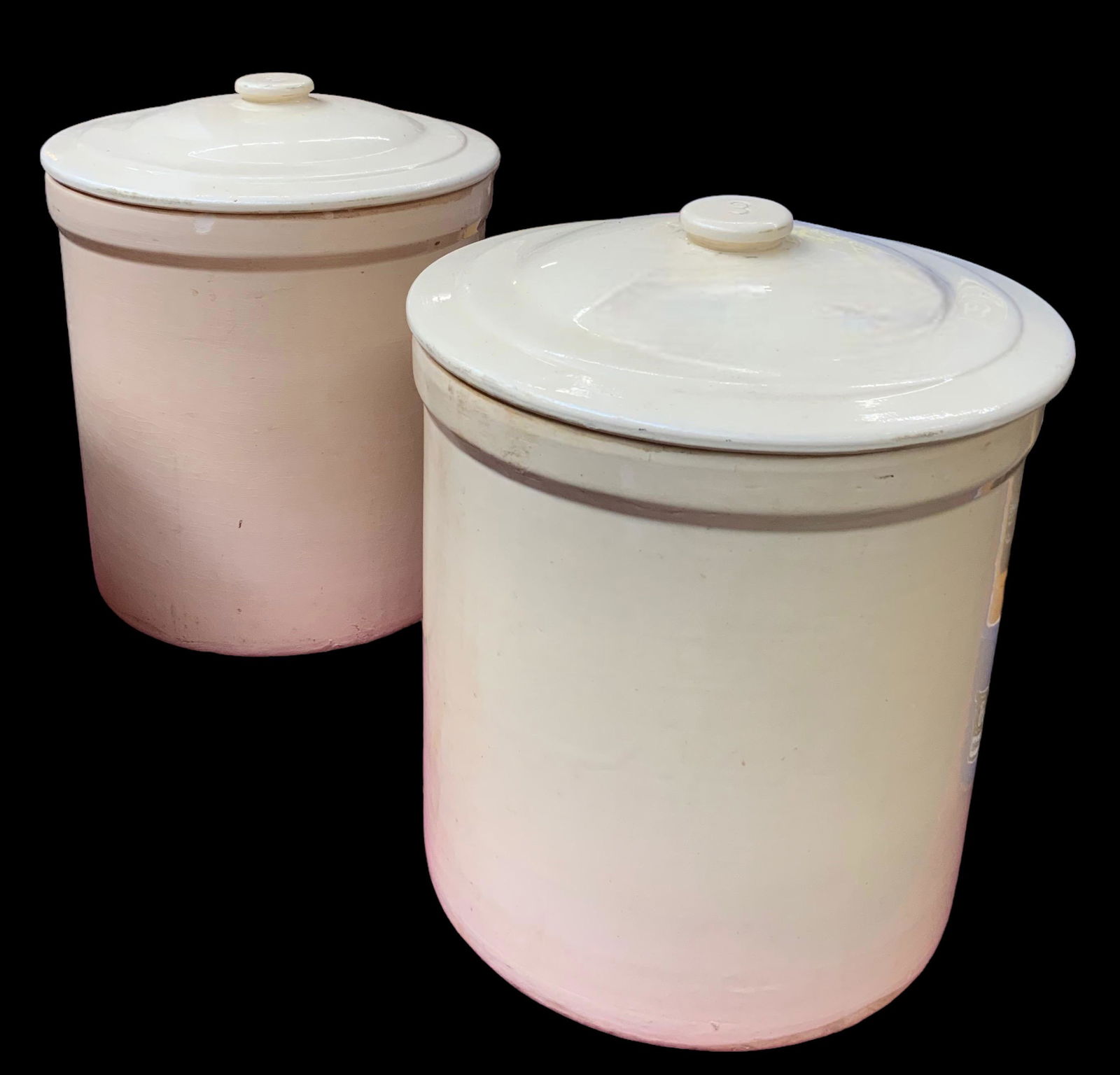 Two 3-Gallon Crockery Jars with LIds.: The Jars are in very good condition, one of them has a small chip near the top lip. Third-party shipping or personal pickup required.
