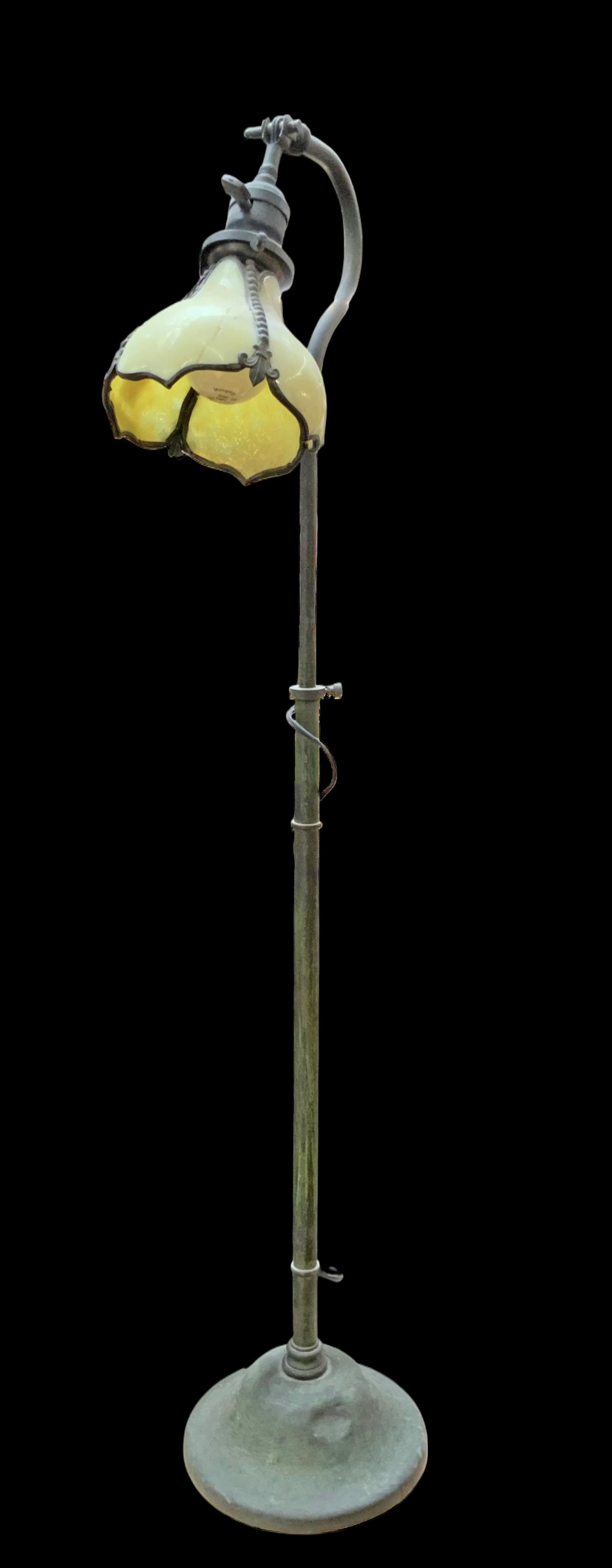 Antique Extending Pole Lamp with Slag Glass Shade.: A Simple weighted pole lamp, with an extending shaft. The Slag glass shade is broken, and has a piece missing in one panel. The Lamp is untested. Third-party shipping or personal pickup required.