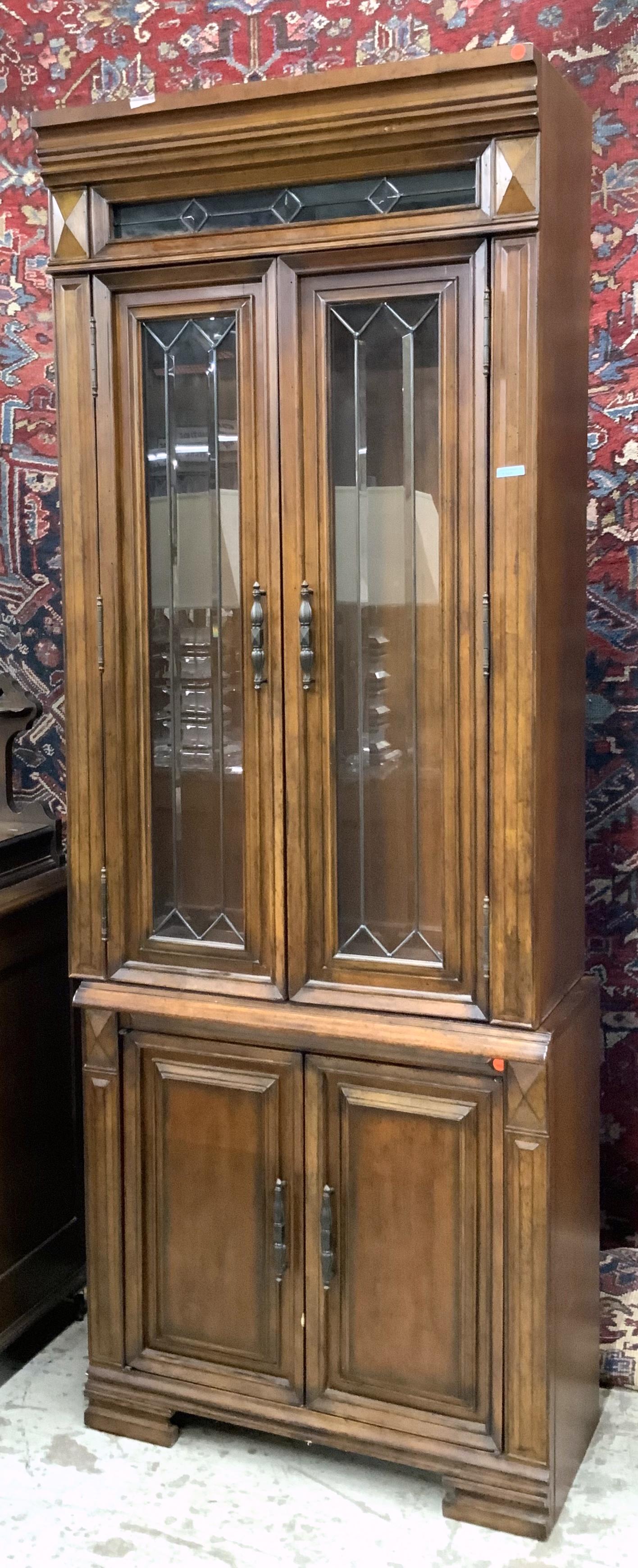 Contemporary 2-Pc Leaded & Bevelled Glass Bookcase: This Bookcase has Two Glass Doors on the Top, and Two Wood Doors Below. It is in Good Condition, but it is Missing its Shelves. It measures 32" Wide, 86" Tall, and 14" Deep. Third-Party Freight Shippi