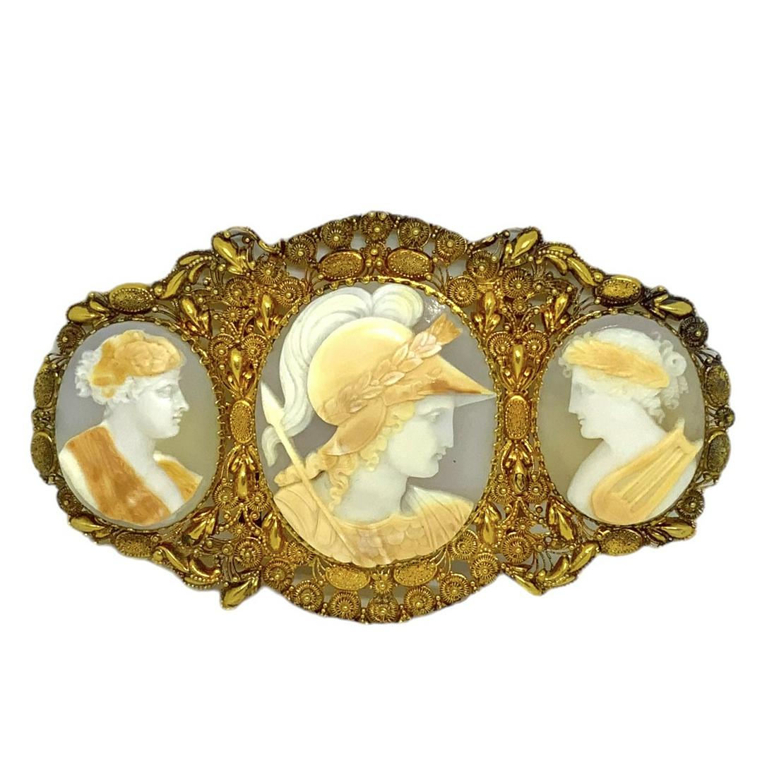 Large 14K Gold Triple Cameo Antique Pin. (1 of 2)