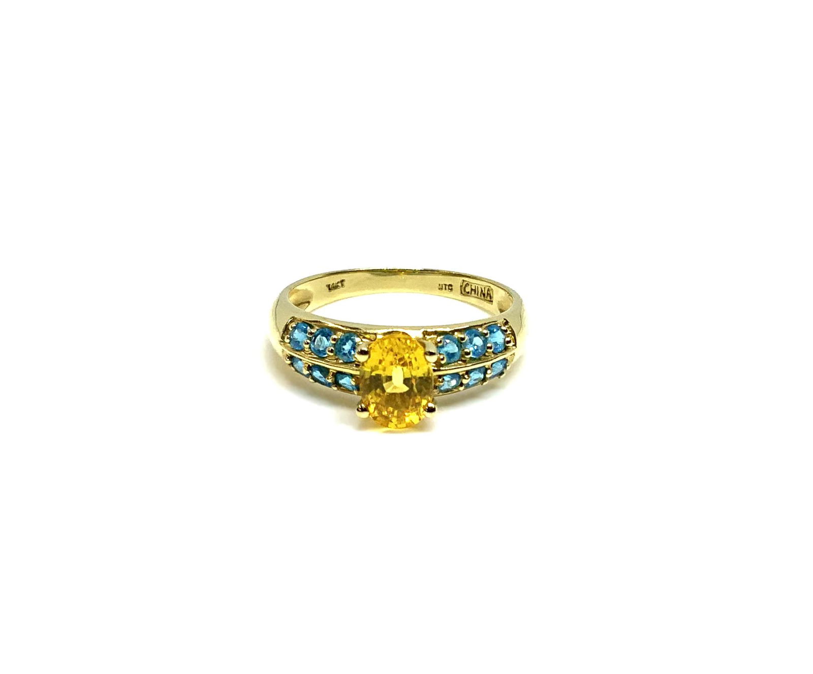 14K Gold Ring with Citrine & 12 Blue Stones. (1 of 3)