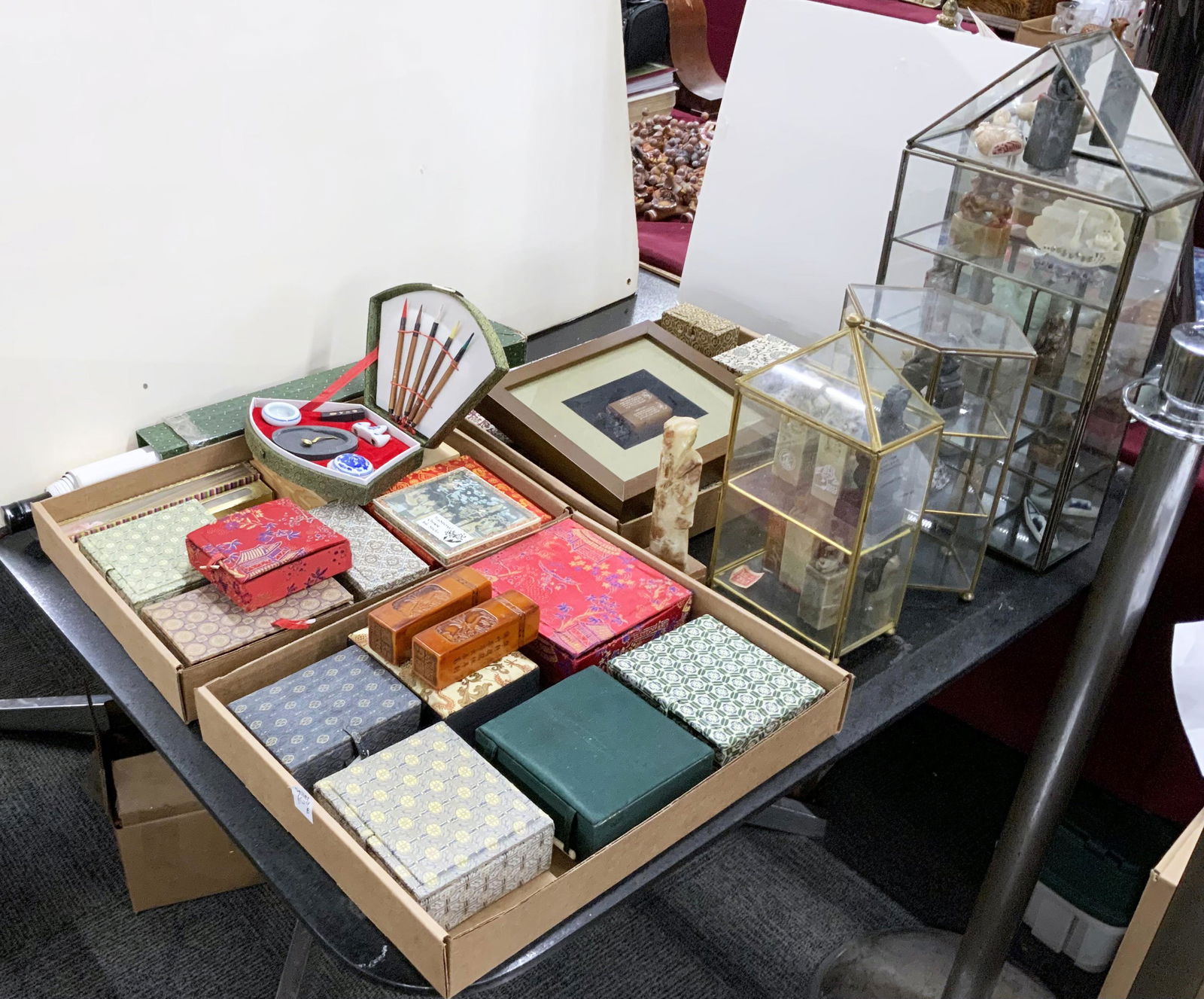 Very Large Lot of Chinese Stone Seals & Porcelain.: One of the Boxes is Filled with Empty Decorative Boxes. The Other Two are filled with Boxes of Chinese Stone Seals, Writing Instruments and Porcelain Ink Holders. It looks like there may be a few elem