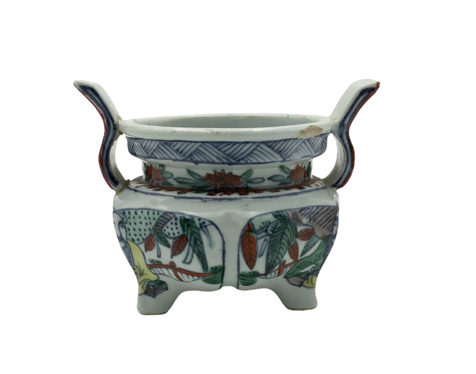 Porcelain Incense Burner or Censer, AS IS, Chipped: The Handle on One Side has also been Repaired. There is no lid to the Censer. It measures 4" Tall to the Top of one of the Handles. It measures 5 1/4" Across, from Handle to Handle. In-house Shipping 