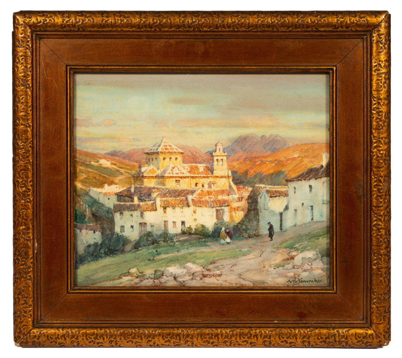 A.M. Foweraker Signed Watercolor.: A Small watercolor of a town at sunset by Albert Moulton Foweraker. It is Signed lower right. The Painting is in very good condition. The Frame has chipping at the corners. The Sight area measures 9" 