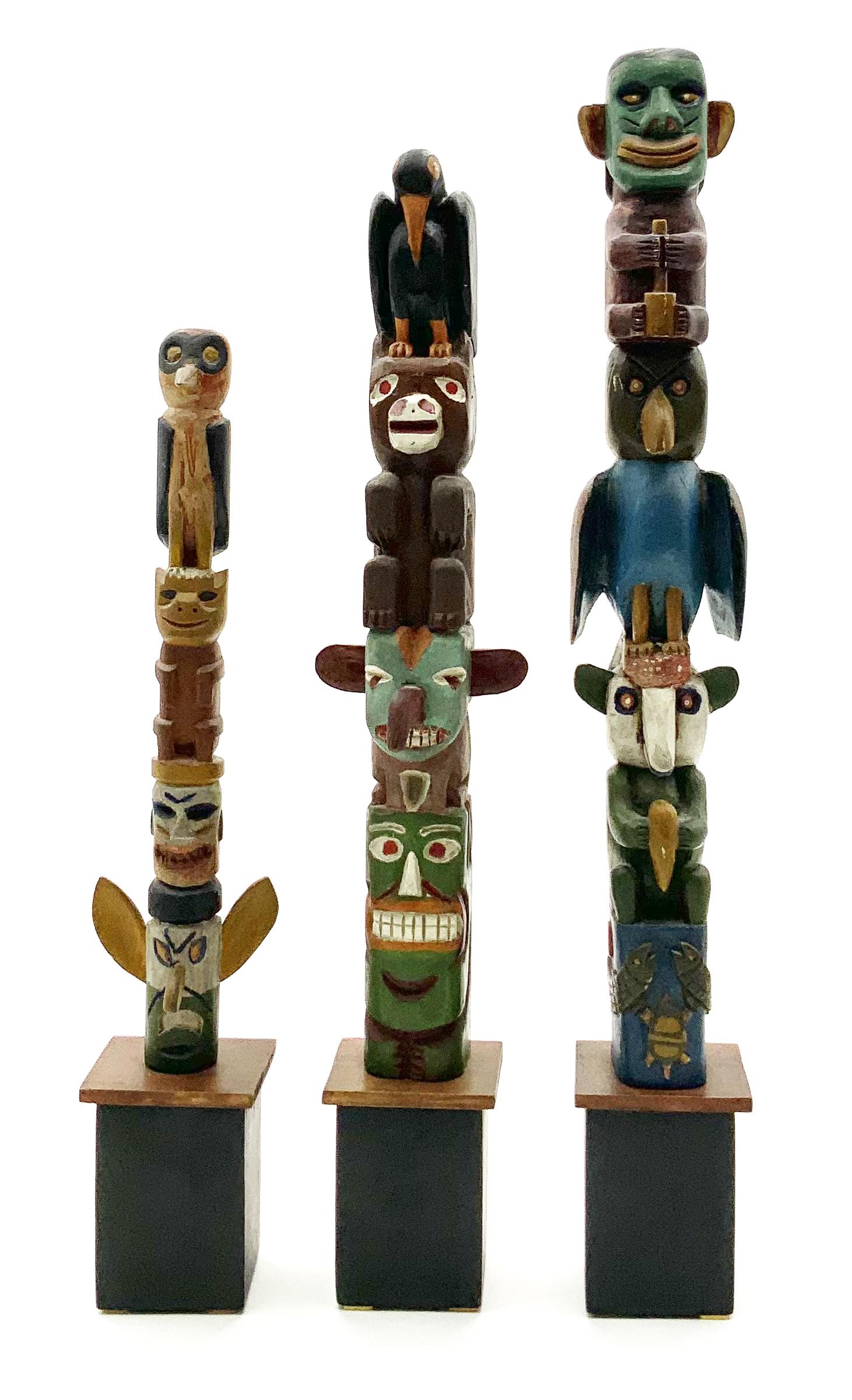 Lot of 3 Carved Polychrome Totem Poles- 21". (1 of 2)