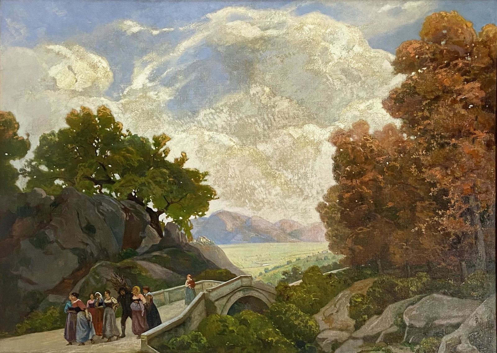 Raniero Aureli Painting with Figures on a Bridge.: The Painting is Oil on Canvas, Signed Lower Right, and Marked "Roma". It is Titled en Verso, "Return from the Fields, Umbrian Country, Italy", and comes With a Label from the Hubert Rousseau & Company