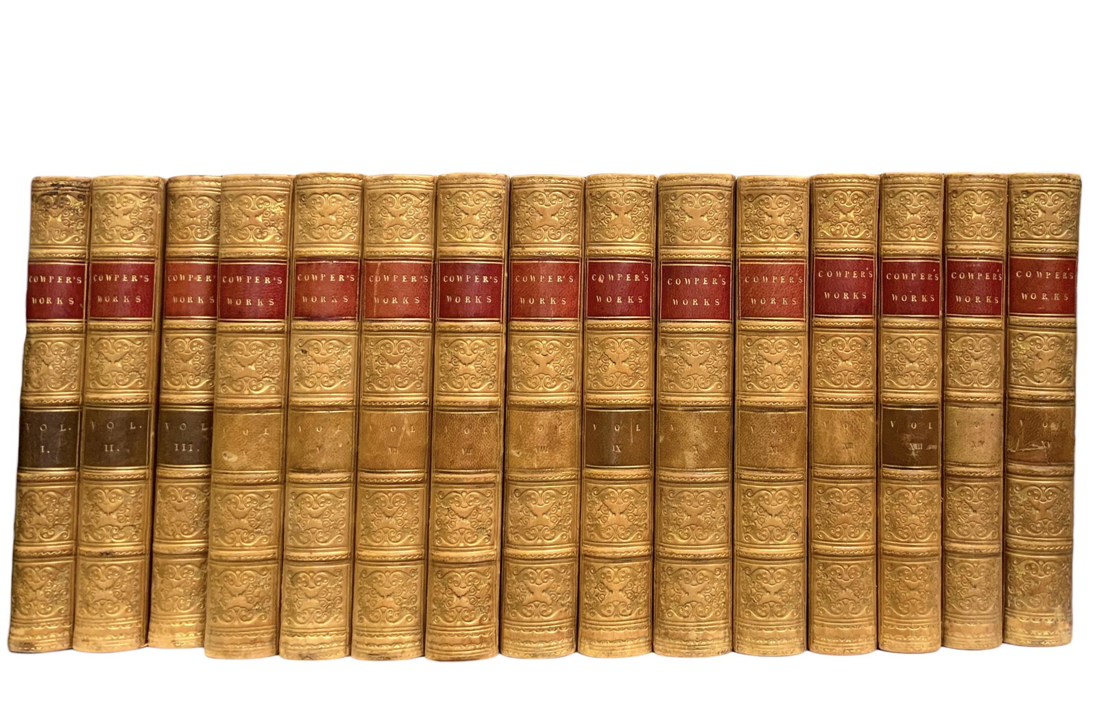 15 Volumes of The Life and Works of William Cowper: This lot comprises fifteen volumes, or books, that were edited by Robert Southey, Esq. LL. D. They were published by Baldwin and Cradock of London, with the dates ranging from 1836-1837. The illustrat