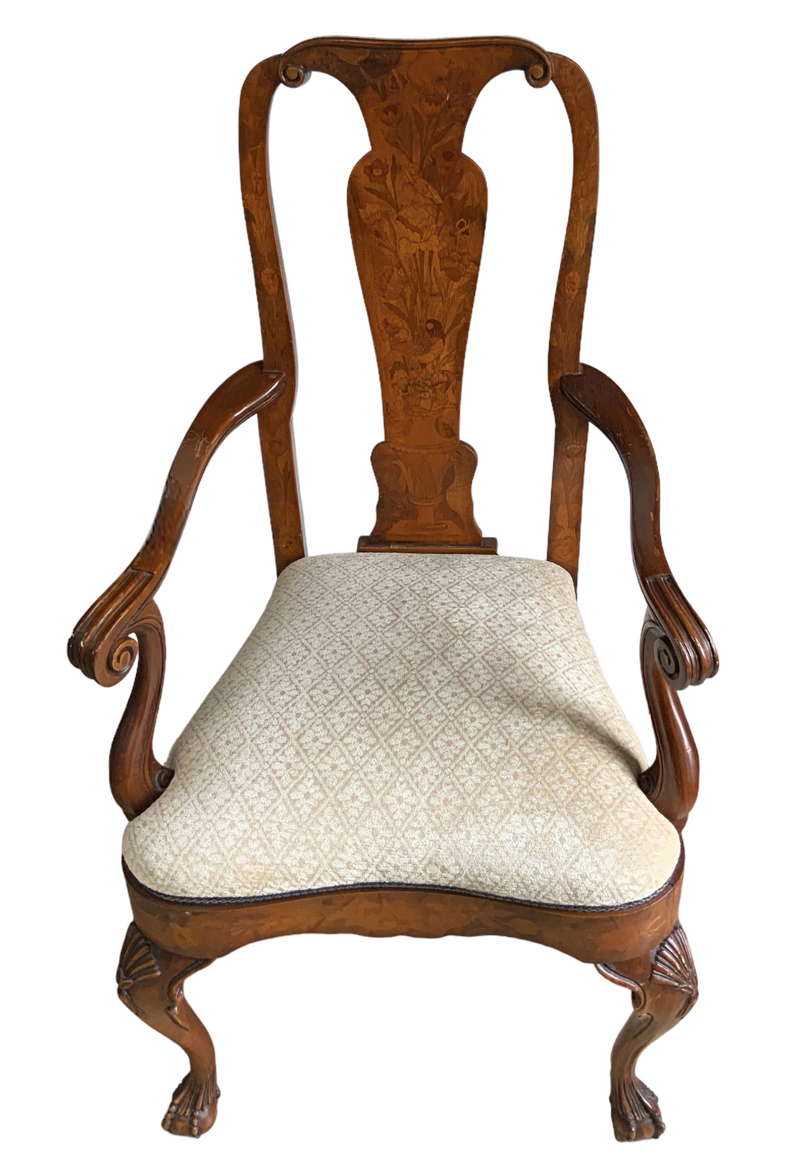 Ornate Inlaid Clawfoot Dining Armchair.: The backsplat has some Damage near the Top of the Chair. Also, there are some minor scratches and Paint Residue. The Chair measures 41" Tall, 22 3/4" Wide, and 20 1/2" Deep. Third-Party Freight Shippi