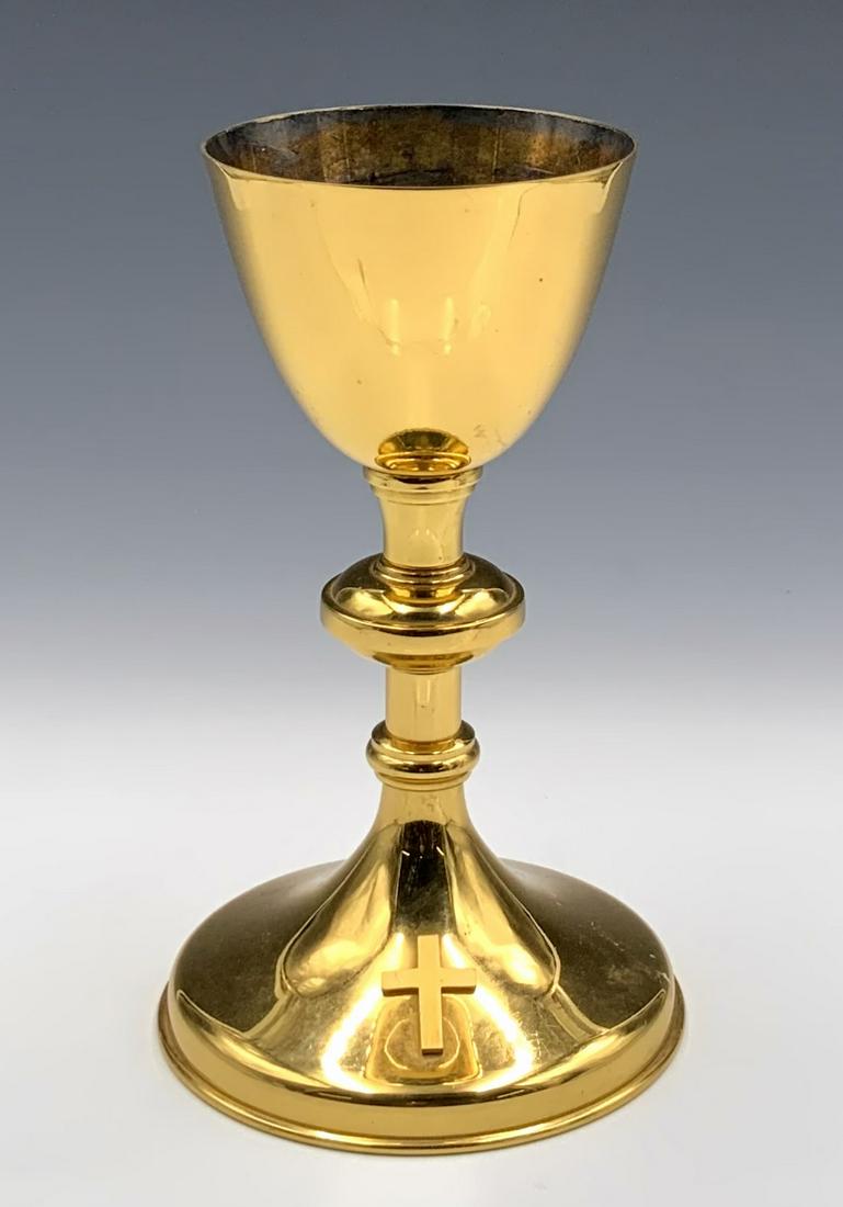 8" Gold-Colored Metal Chalice.: It appears that the top Cup Portion is Sterling Silver. That portion is not marked as such, and has not been tested, either. The chalice has a Cross on the base. There are quite a few Scratches, and t