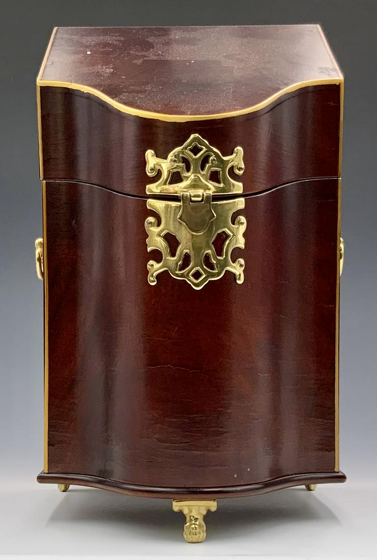 Hinged Mahogany Wood Knife Box w/ Handles.: It does not appear to be old. It has three little paw feet. There is some Gilt loss on the hardware and some light Scratches on the wood. Overall, it looks to be in Nice condition. Measures 13 1/2" ta