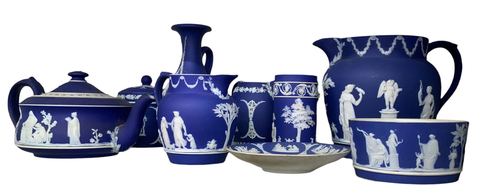 Lot: 9 Pcs. of Wedgwood Royal Blue Jasperware. (1 of 2)
